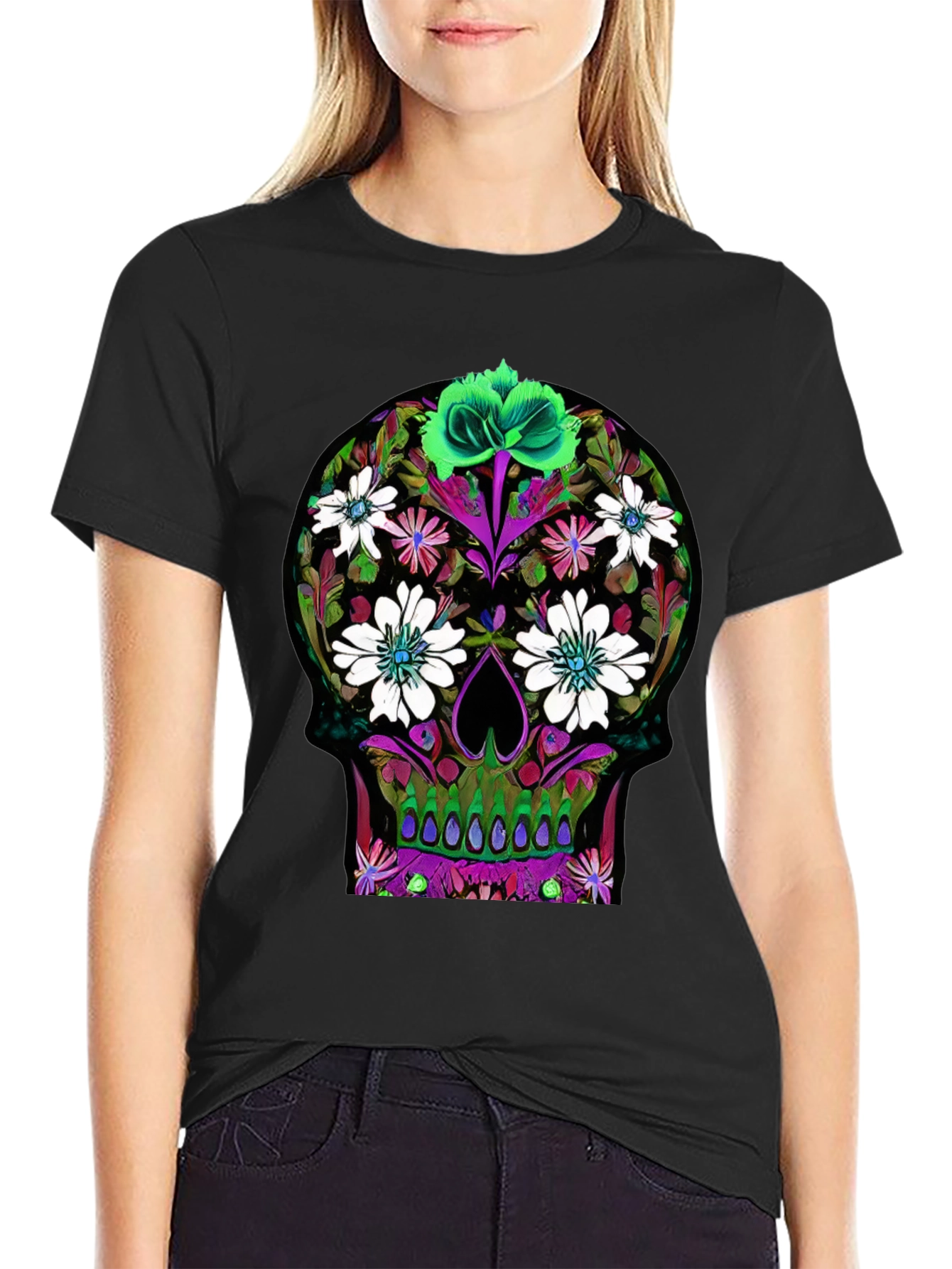 Black Floral Skull Graphic T-Shirt view 2