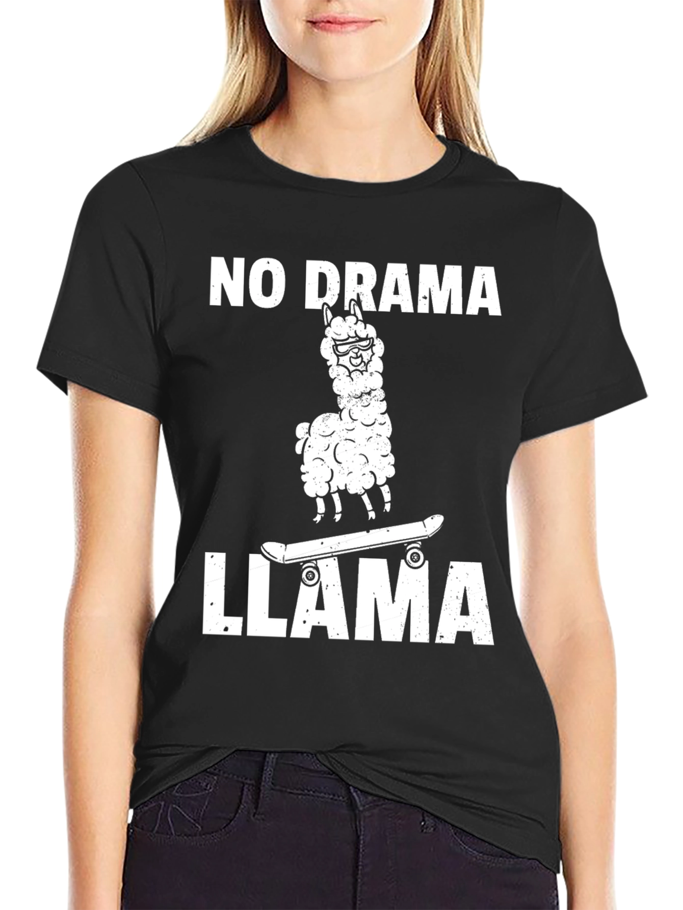 Black No Drama Llama T-Shirt - Skateboard Graphic view 2