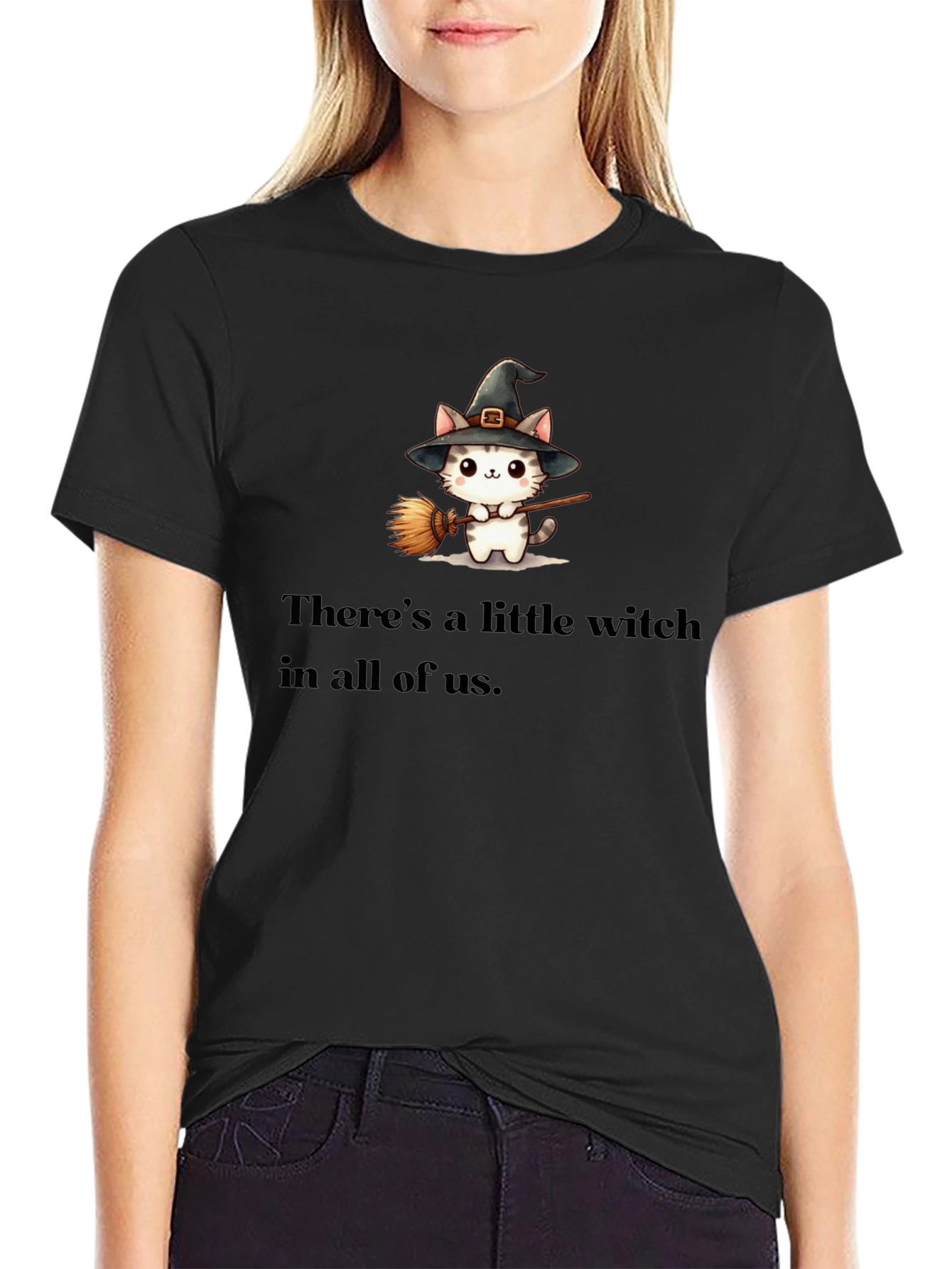 Black Witch Cat Graphic Tee - Spooky Season T-Shirt view 2