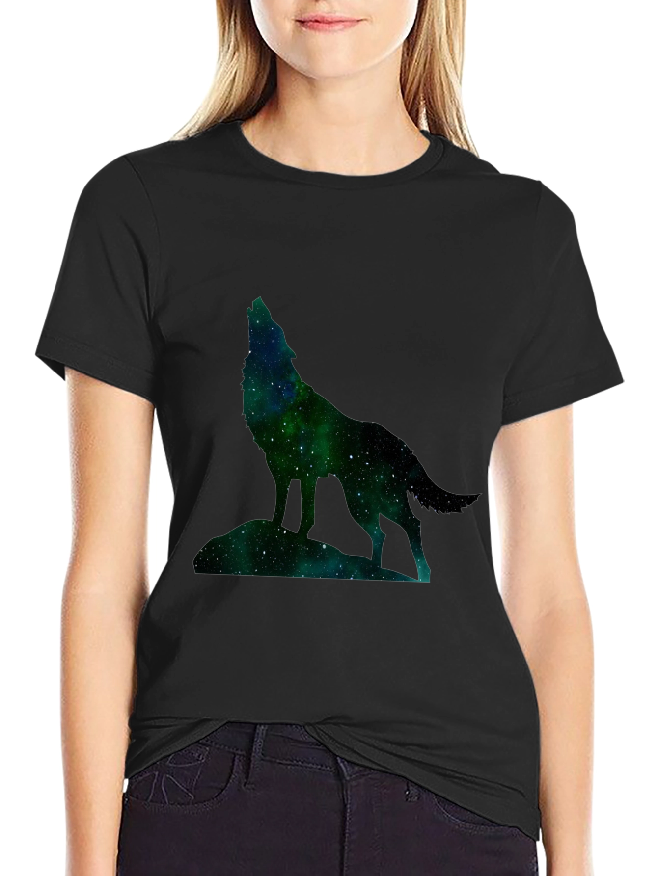 Black Galaxy Wolf Graphic Tee - Black Cotton Blend view 2