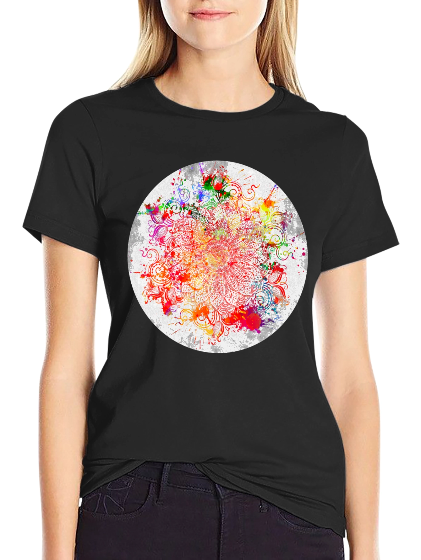 Black Vibrant Mandala Graphic T-Shirt view 2