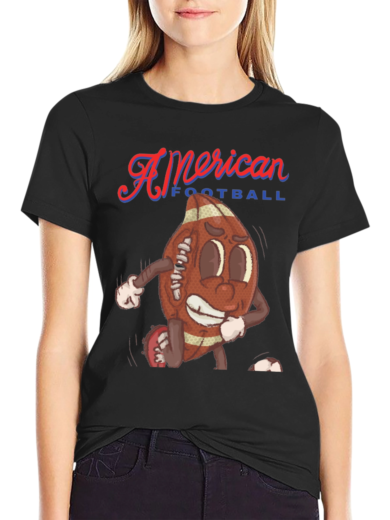 Black American Football Cartoon Tee view 2