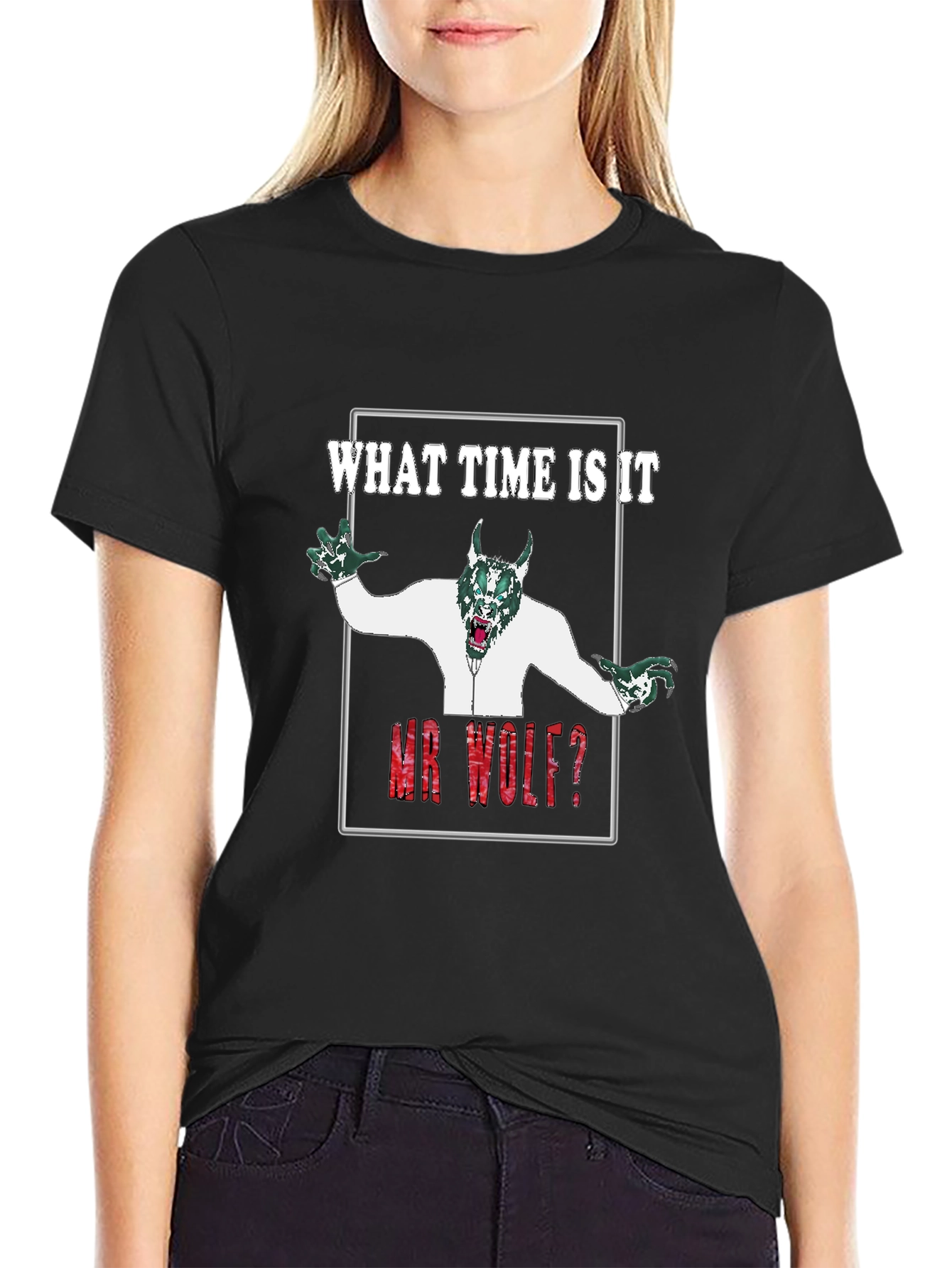 Black What Time Is It Mr. Wolf T-Shirt - Graphic Tee view 2