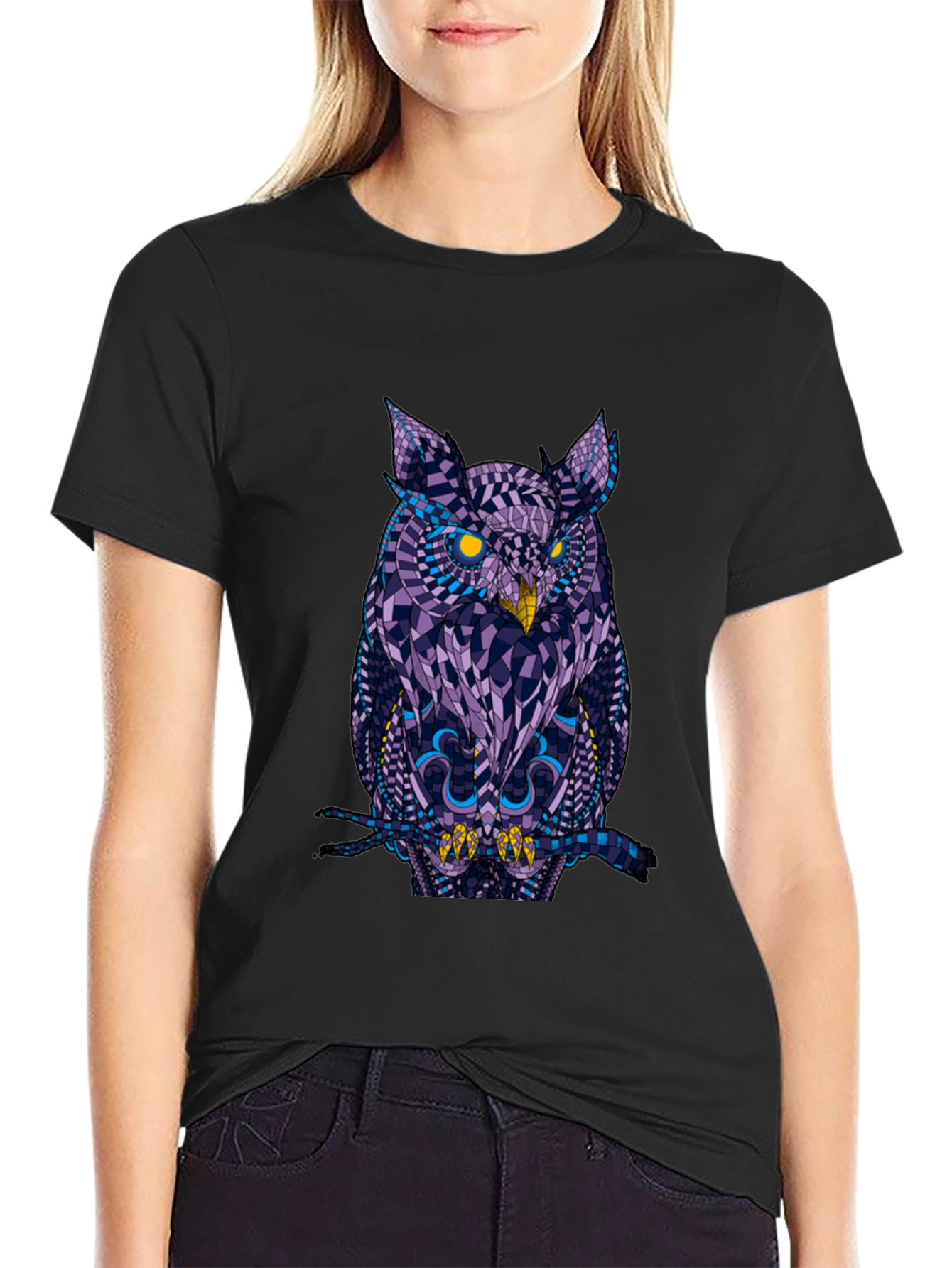 Black Geometric Owl Graphic Tee - Black Cotton view 2