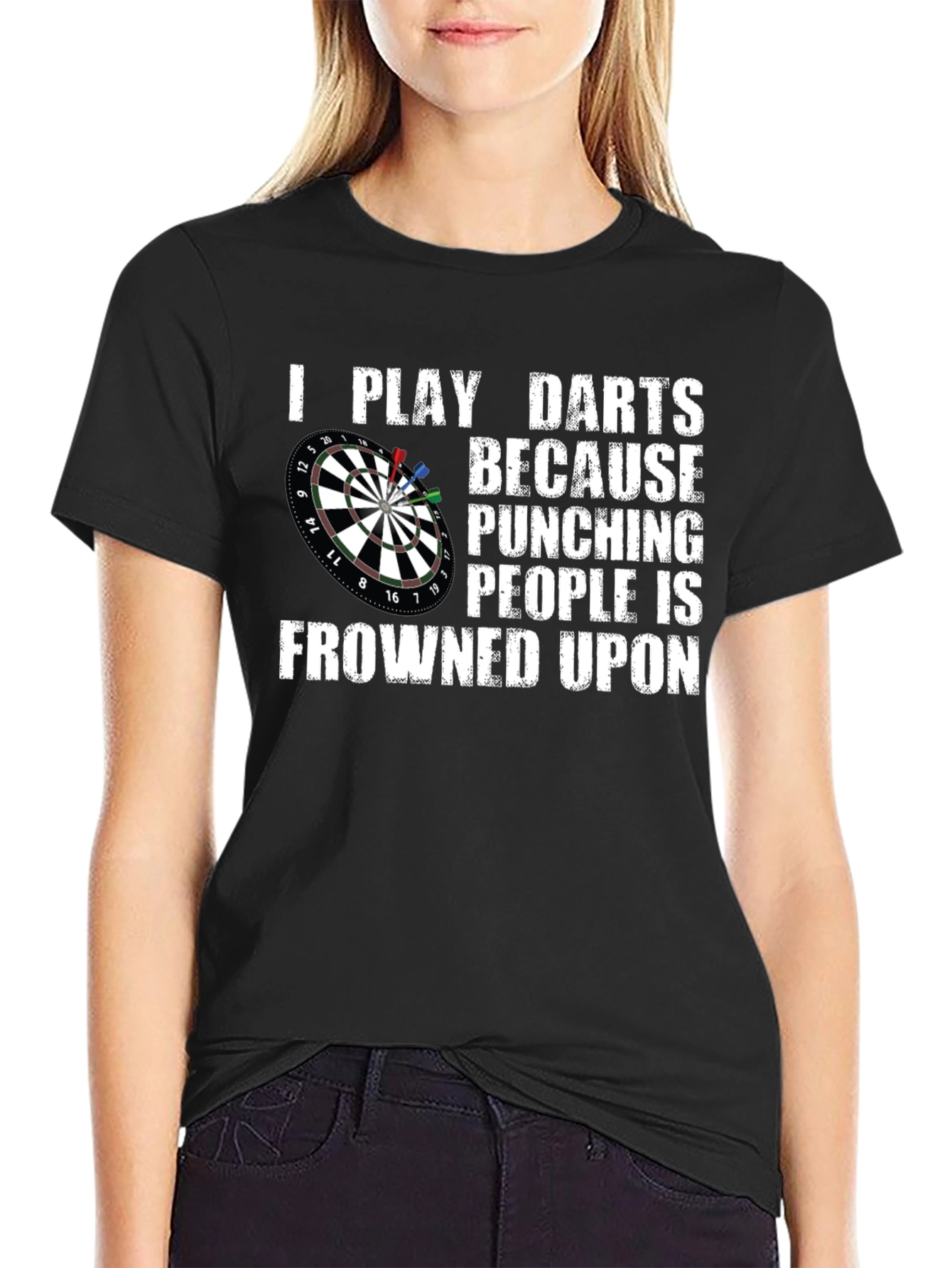 Black Funny Darts T-Shirt - Punching People is Frowned Upon view 2