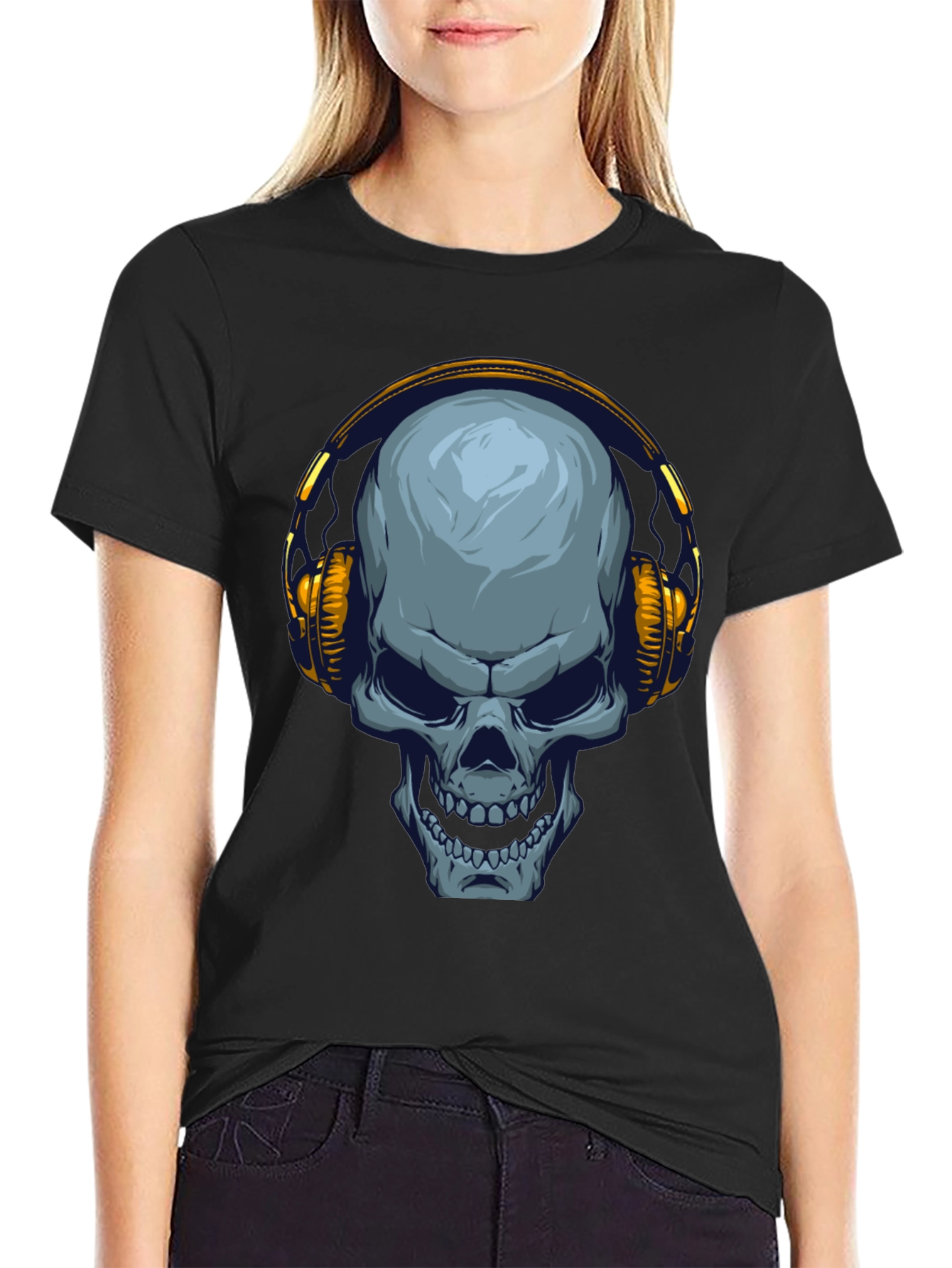 Black Skull with Headphones Graphic T-Shirt view 2