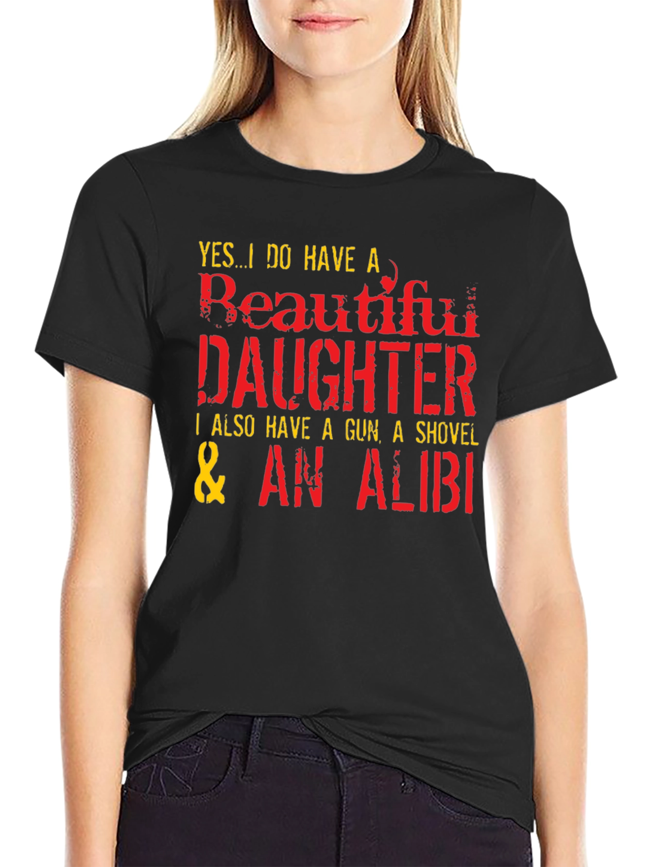 Black Funny Dad T-Shirt: Beautiful Daughter, Gun, Shovel, Alibi view 2