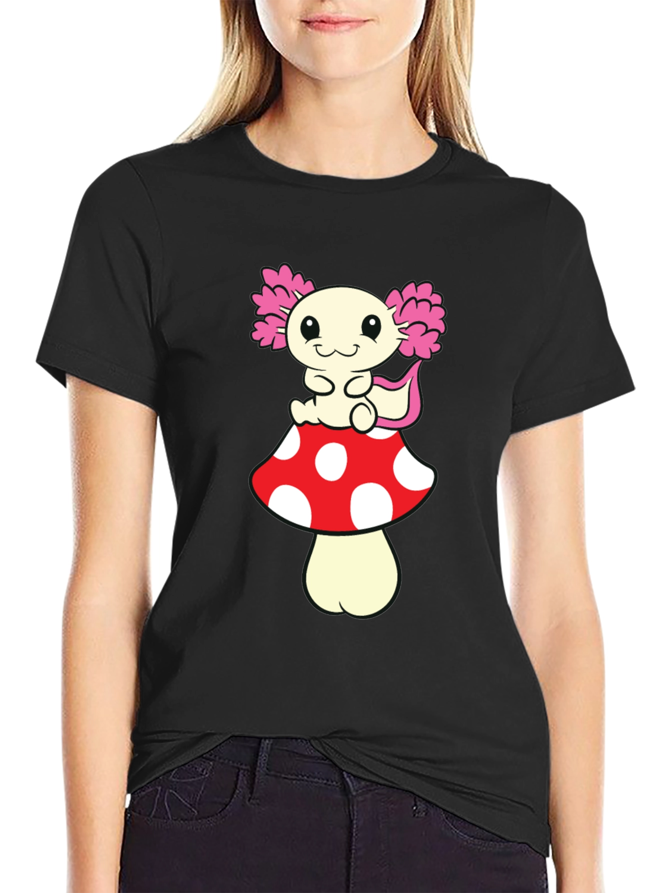 Black Axolotl Mushroom T-Shirt - Cute Cartoon Tee view 2