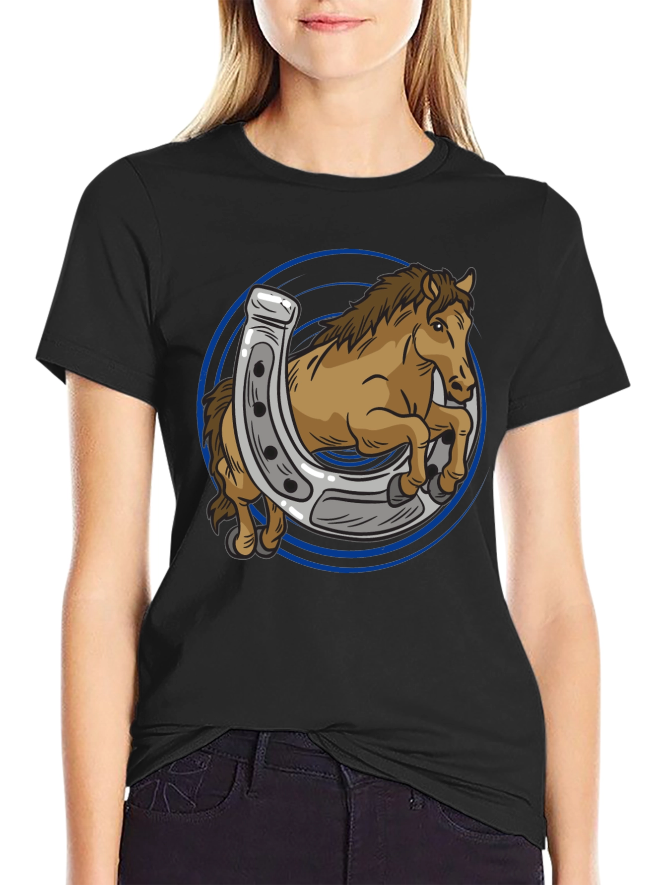 Black Horse and Horseshoe Graphic T-Shirt view 2