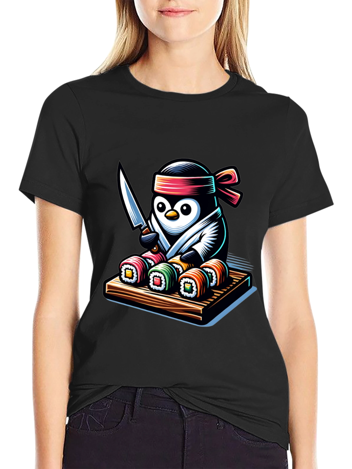 Black Sushi Chef Penguin T-Shirt - Unique Design view 2