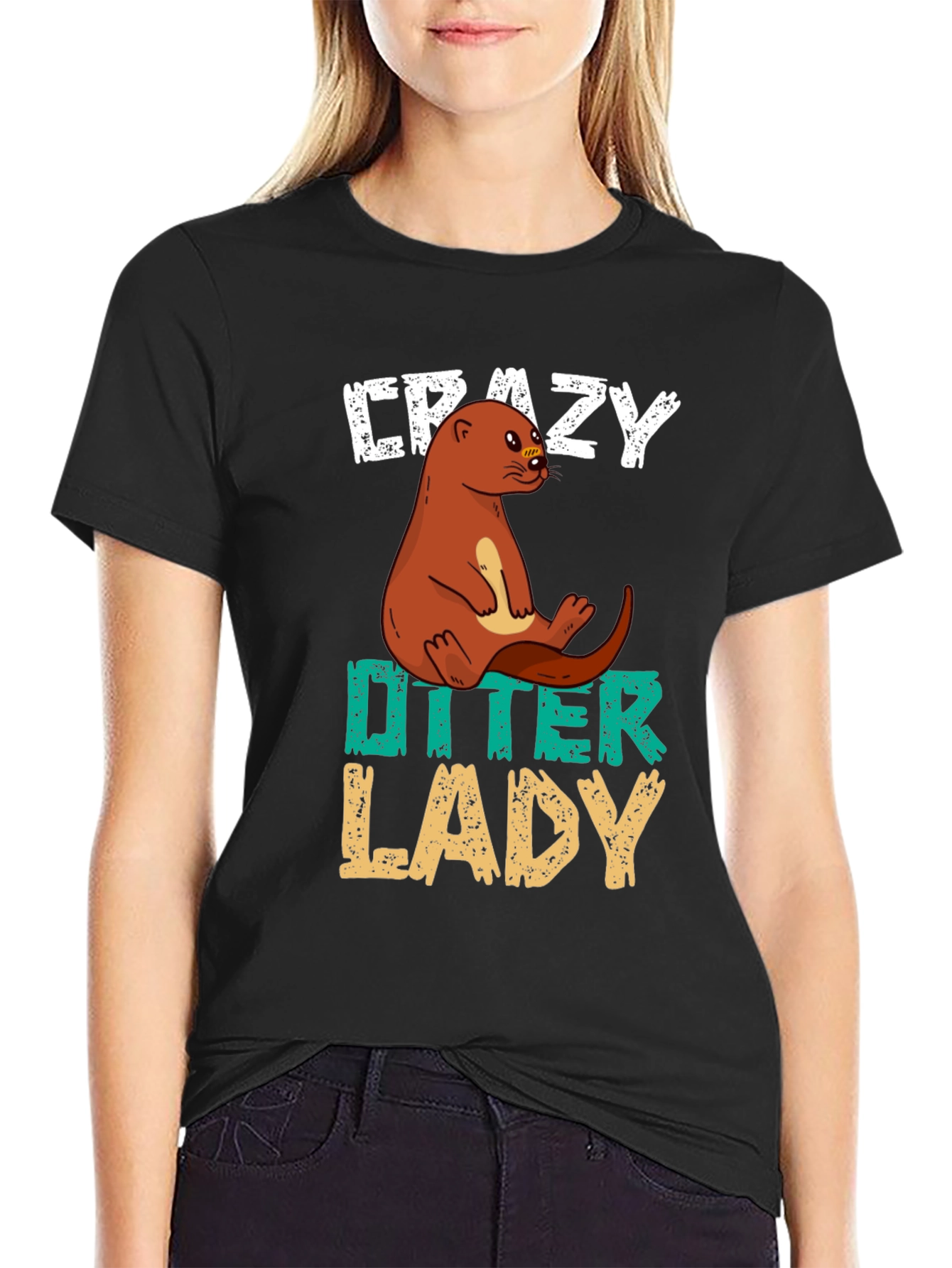Black Crazy Otter Lady T-Shirt - Unisex Animal Lover Tee view 2