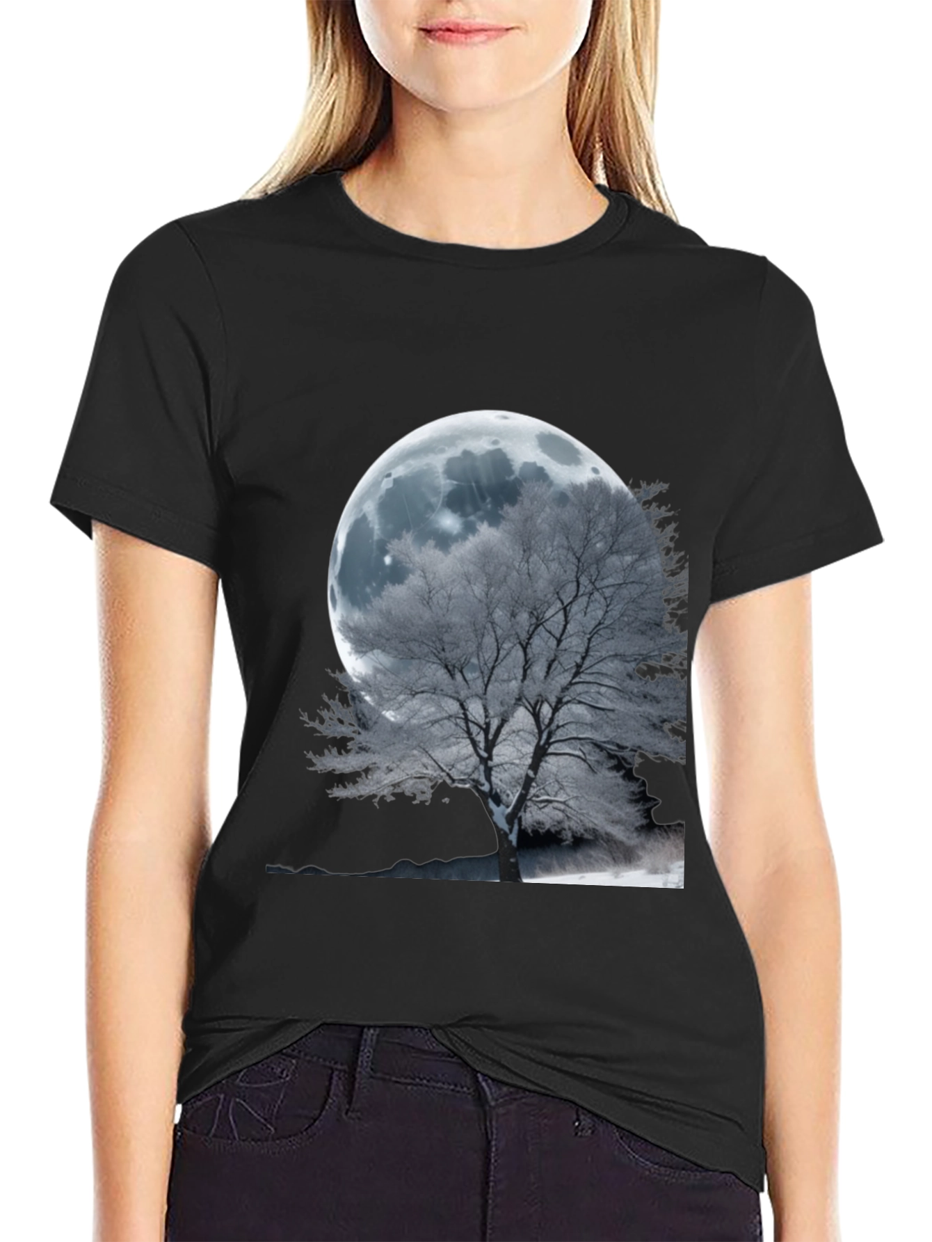 Black Moonlit Tree Graphic T-Shirt - Unique Design view 2