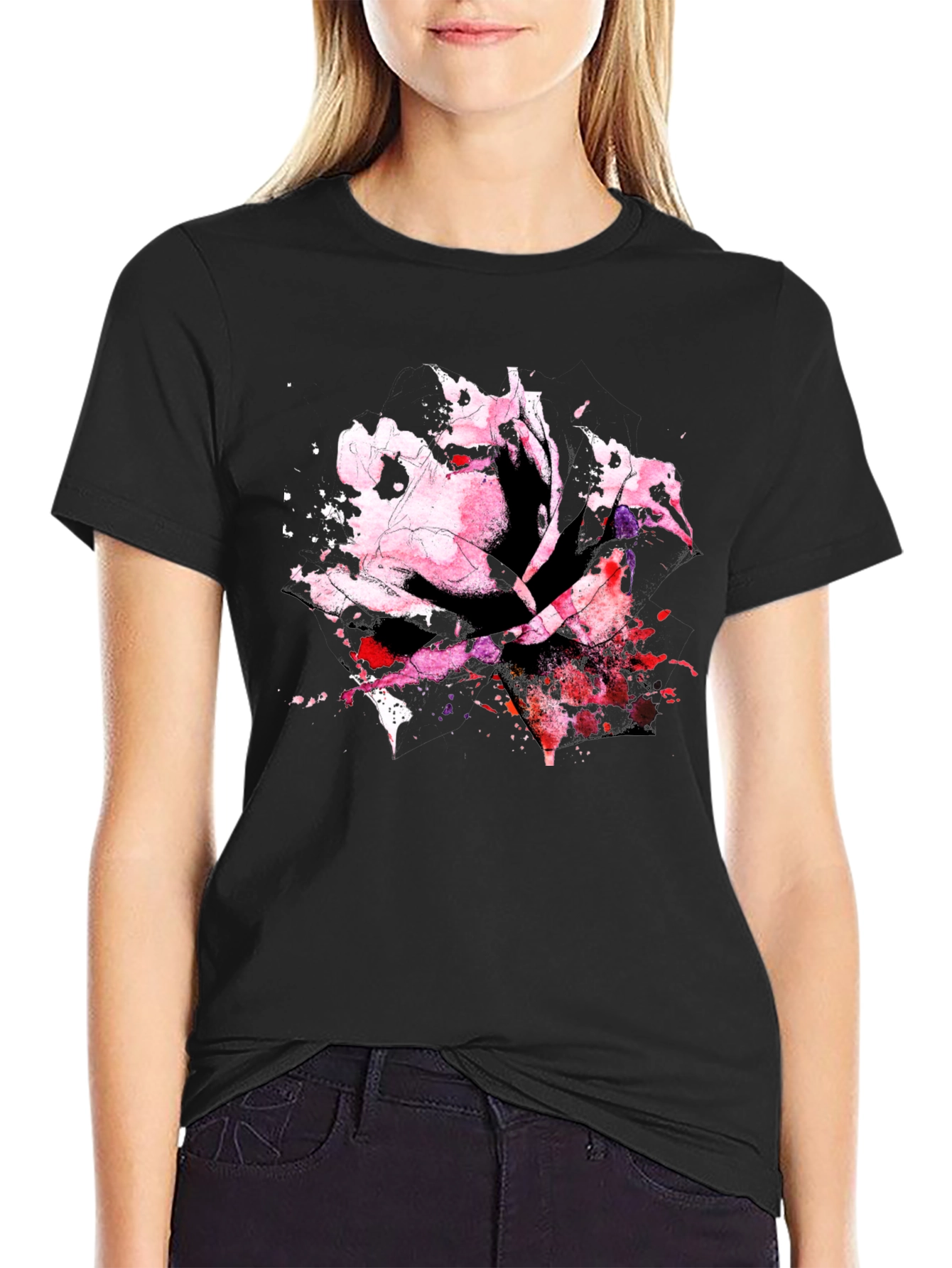 Black Rose Watercolor Black T-Shirt view 2