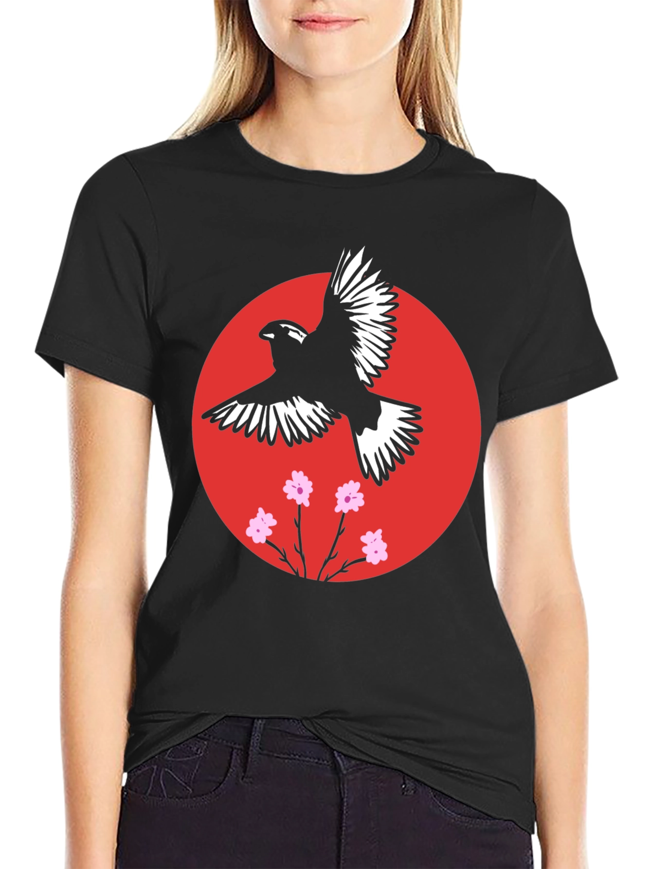 Black Bird and Blossom Graphic Black T-Shirt view 2
