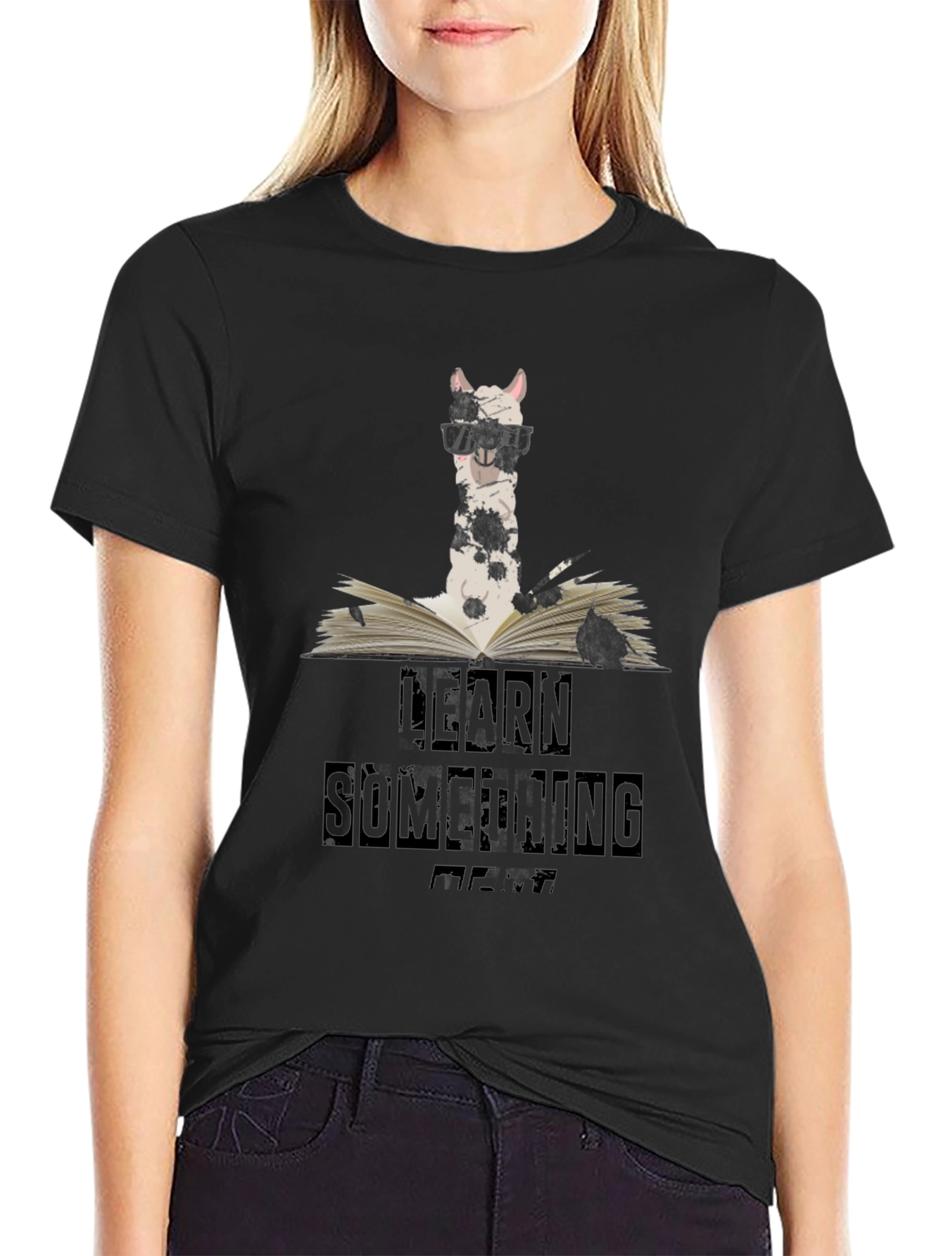 Black Learn Something New Llama Graphic T-Shirt view 2