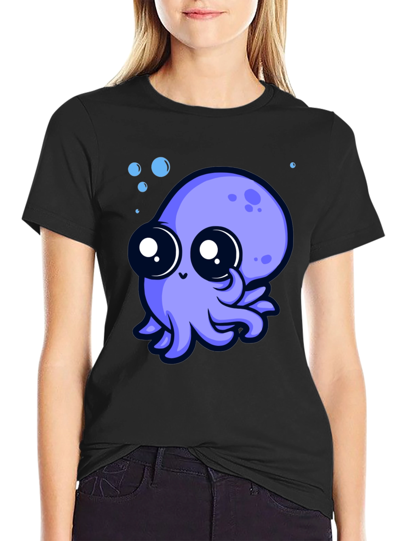 Black Cute Octopus Graphic Tee - Black Cotton T-Shirt view 2