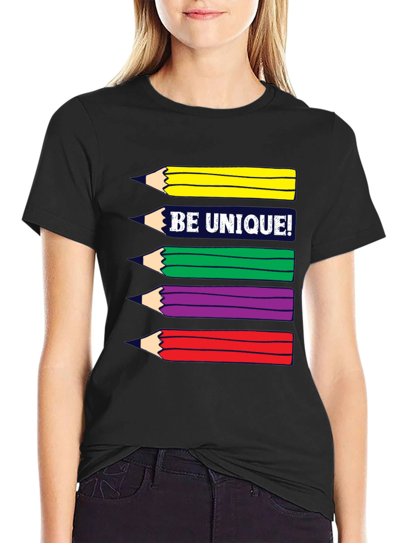 Black Be Unique! Colorful Pencils Graphic T-Shirt view 2