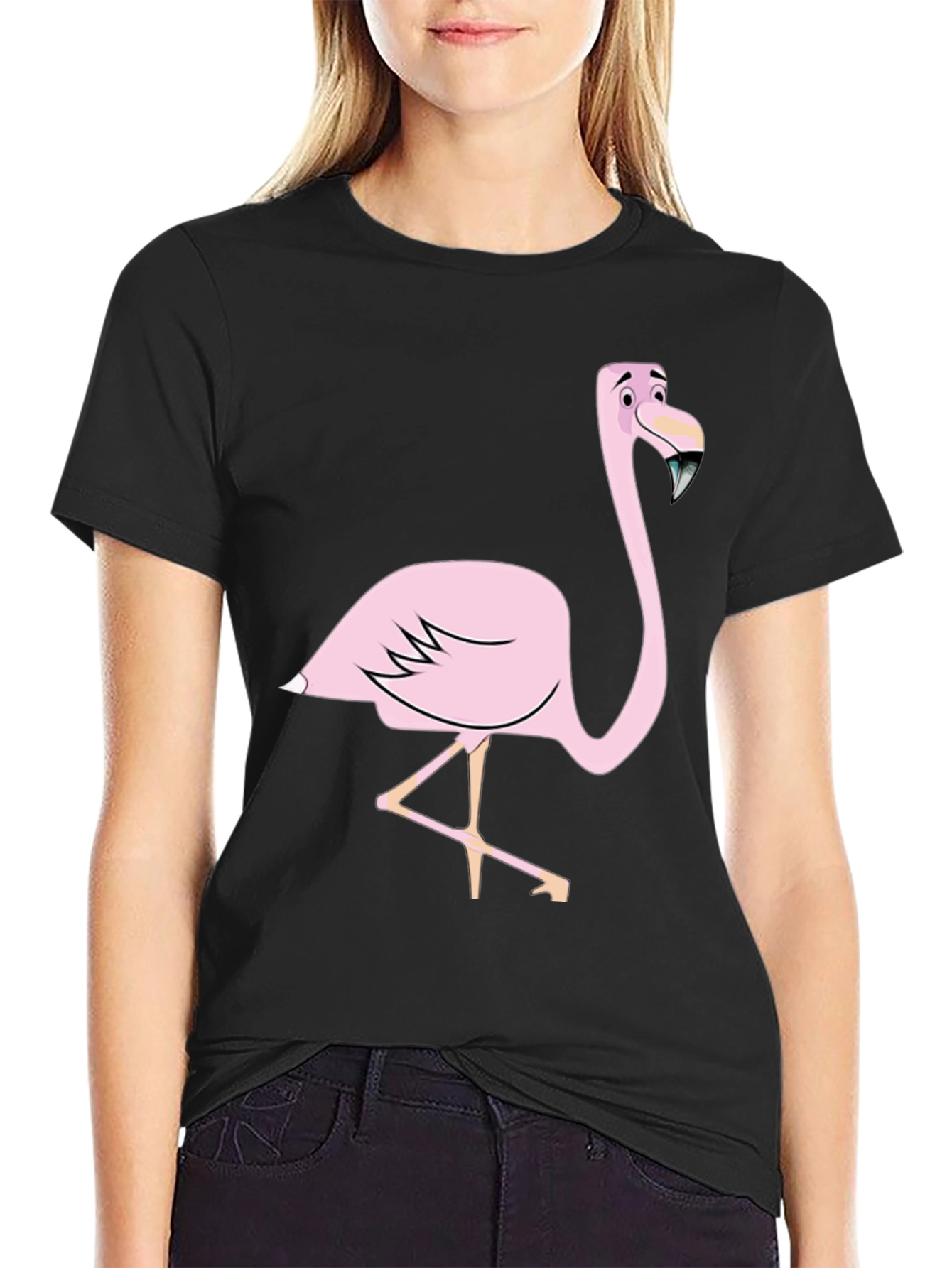 Black Fun Flamingo Graphic Tee - Black Cotton Blend Shirt view 2