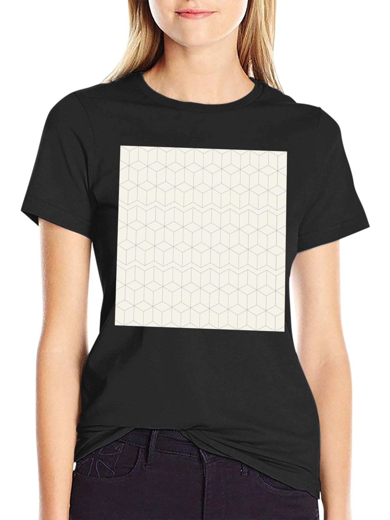 Black Geometric Cube Pattern Black T-Shirt view 2