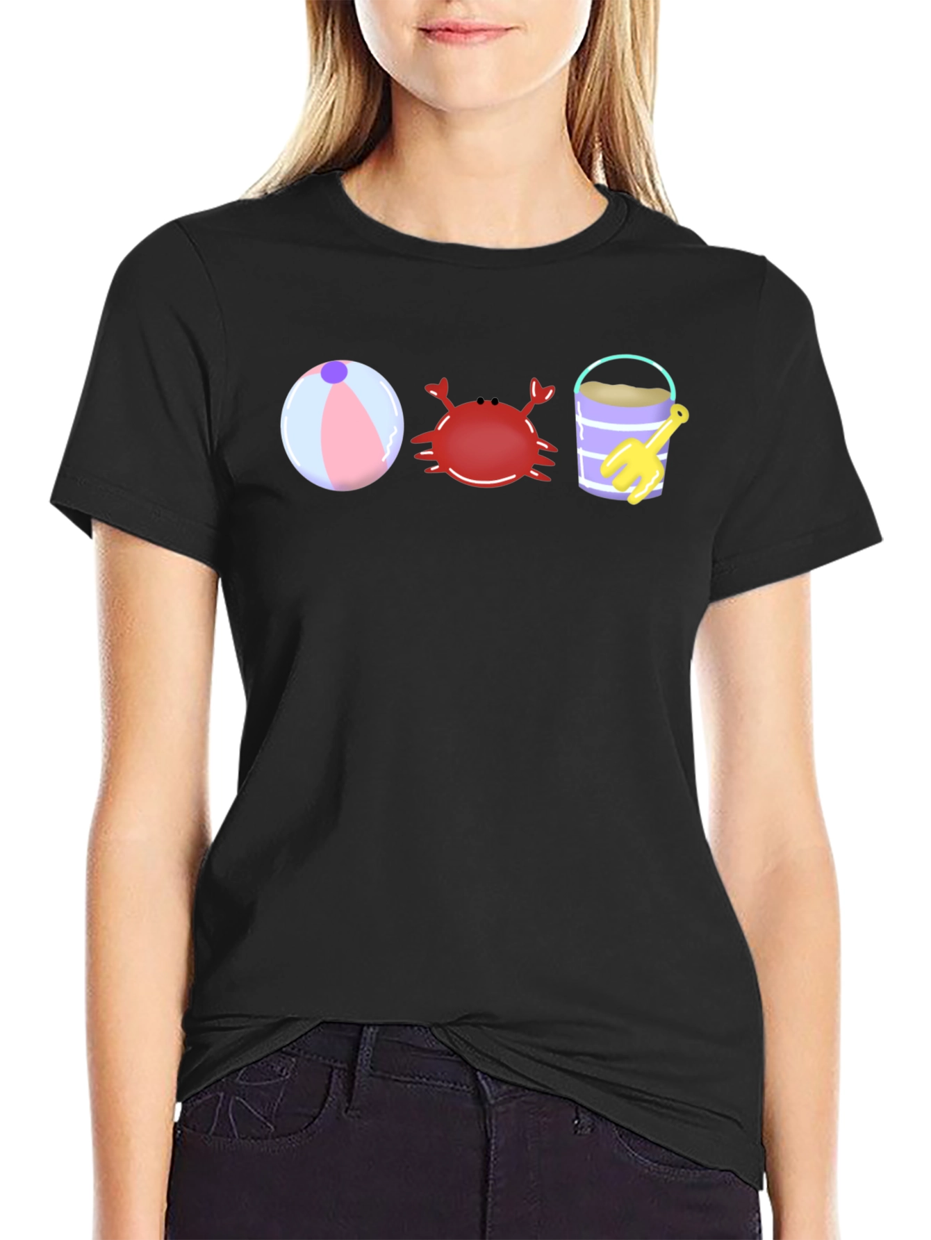 Black Beach Fun T-Shirt - Crab, Bucket, and Ball view 2