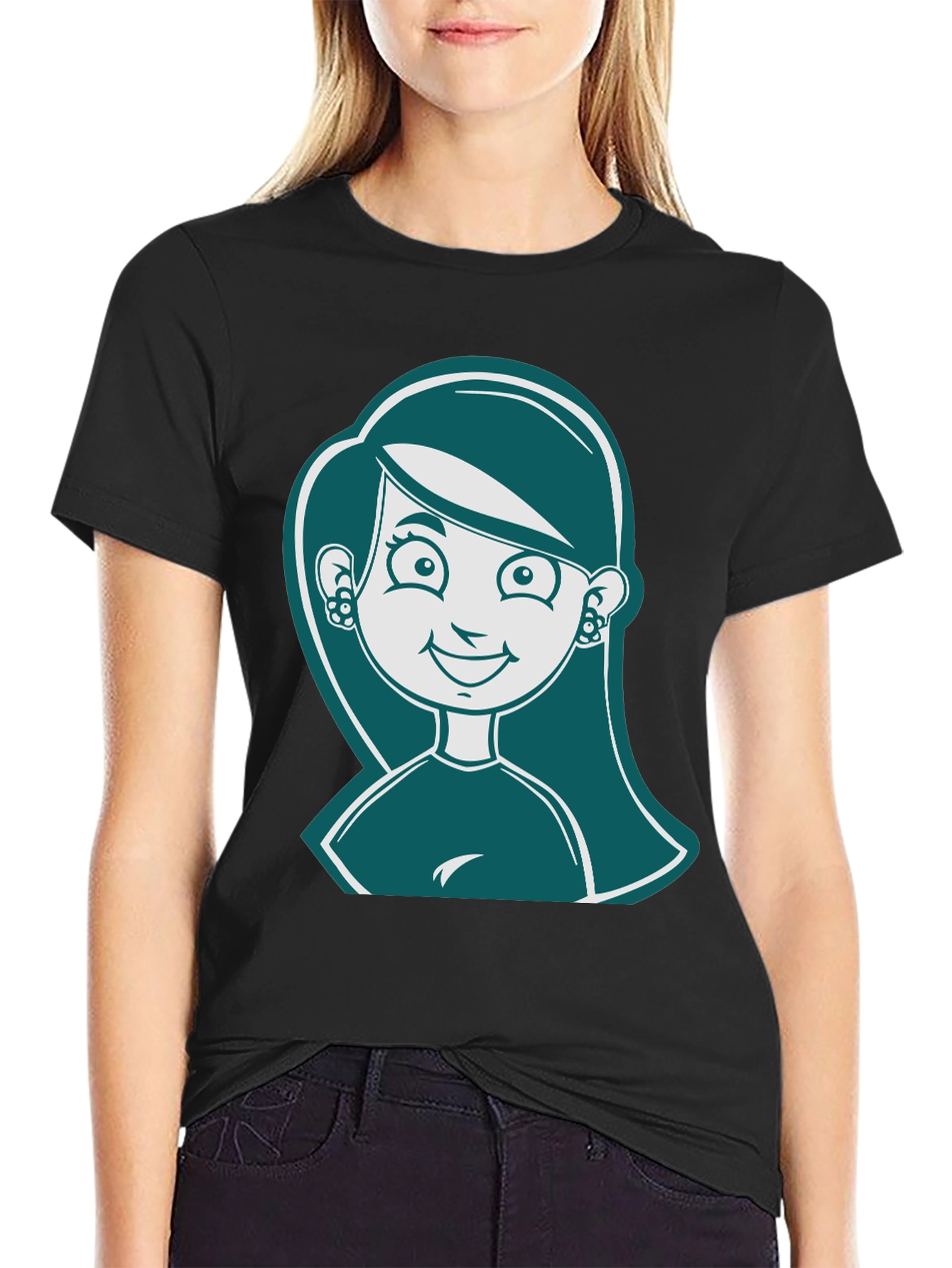 Black Cartoon Girl Graphic Print Black T-Shirt view 2