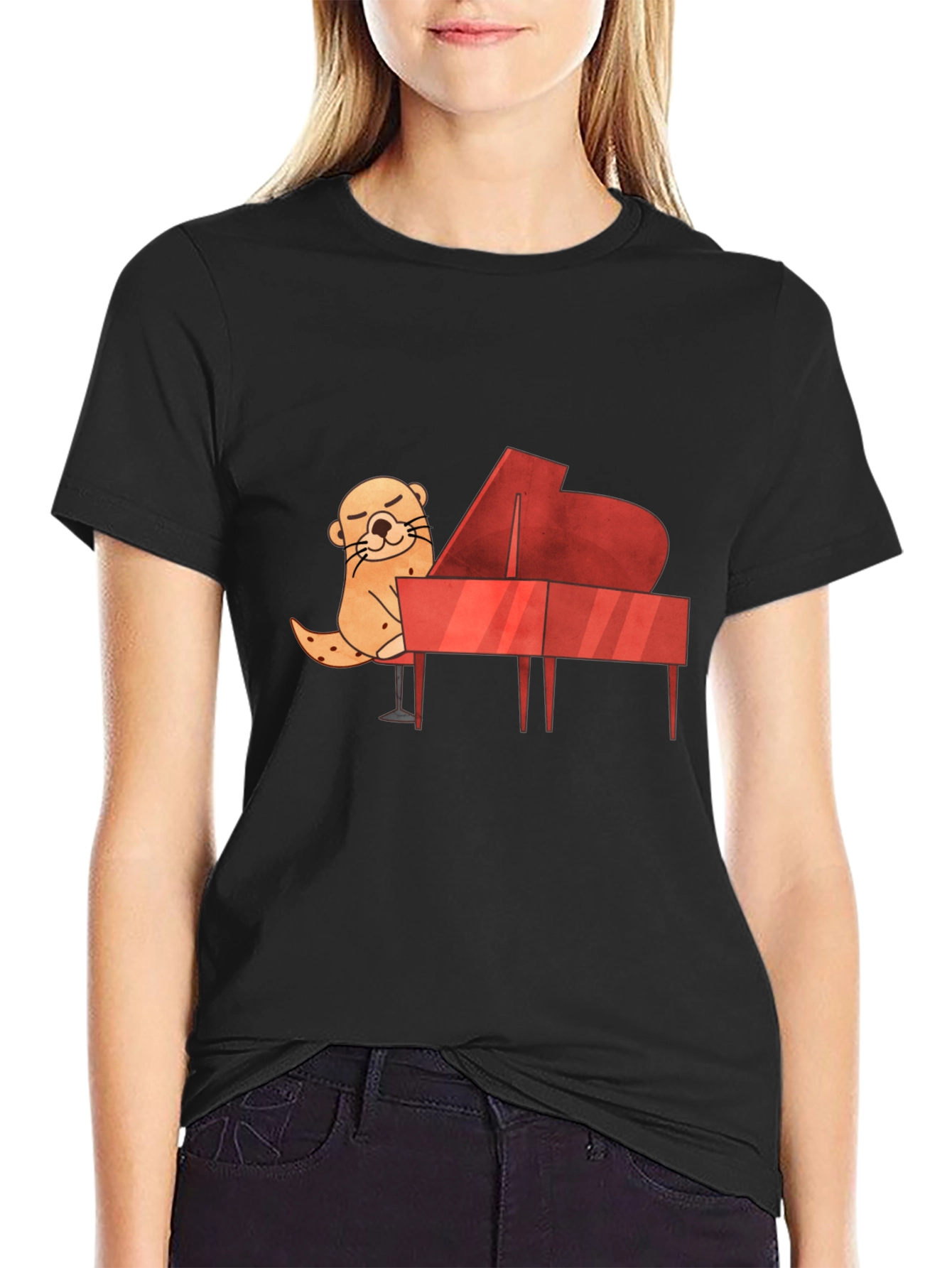 Black Otter Playing Piano Graphic Tee view 2