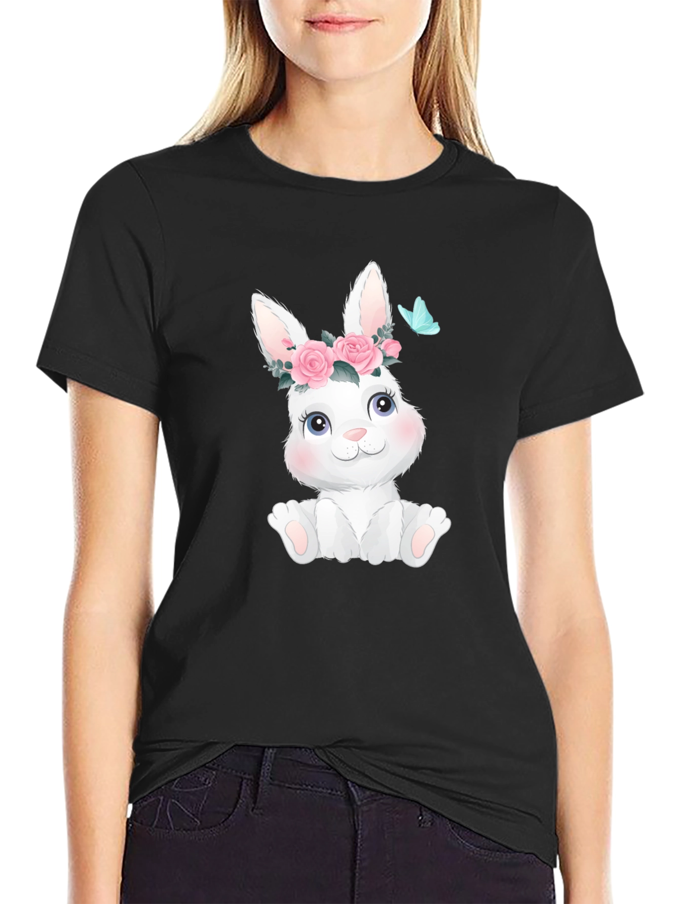 Black Cute Bunny with Flowers Black T-Shirt view 2