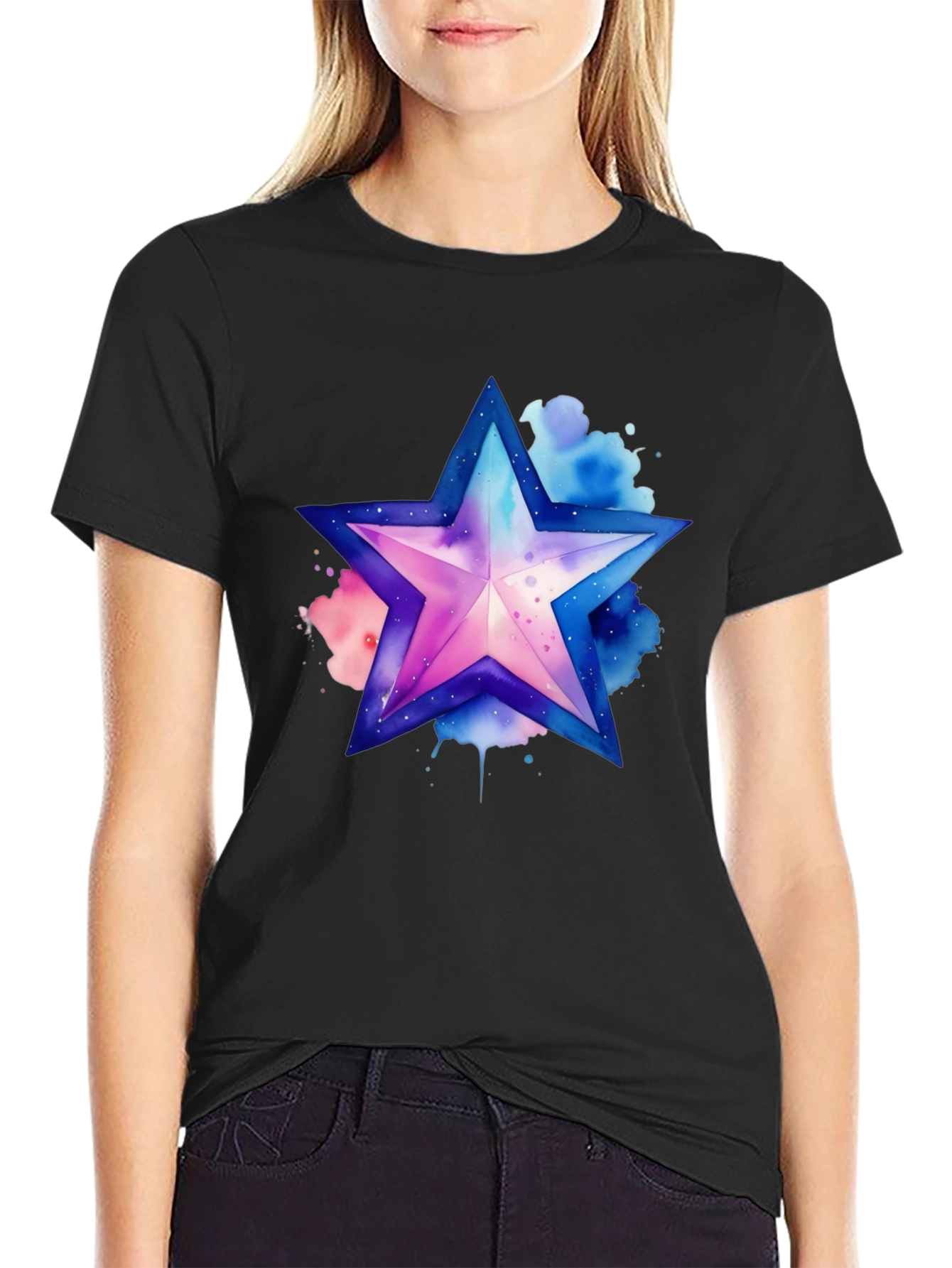 Black Watercolor Star Graphic Tee - Stylish Men's Black T-Shirt view 2