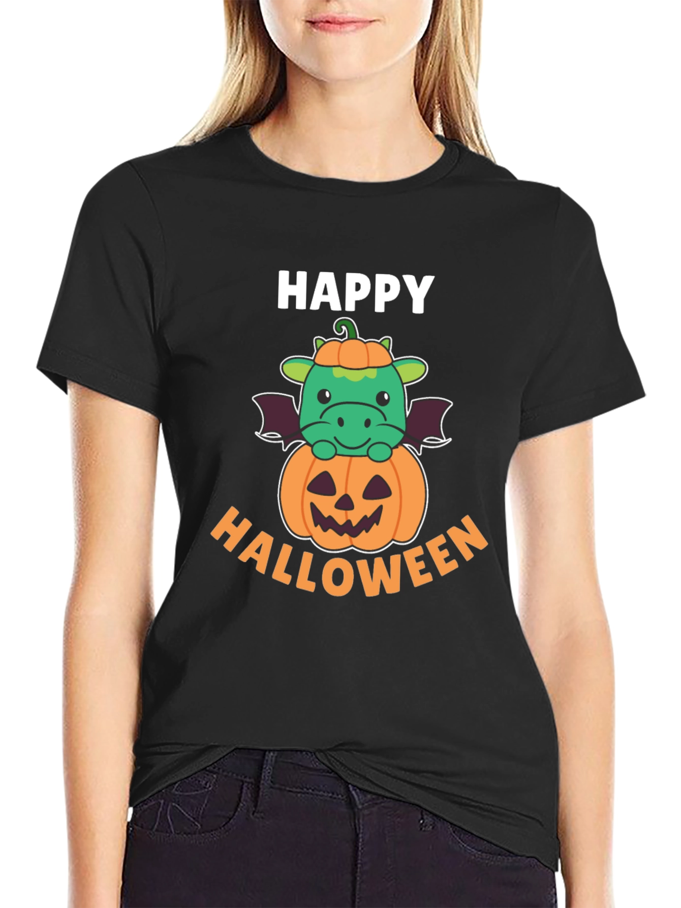 Black Happy Halloween Dragon on Pumpkin Men's T-Shirt view 2