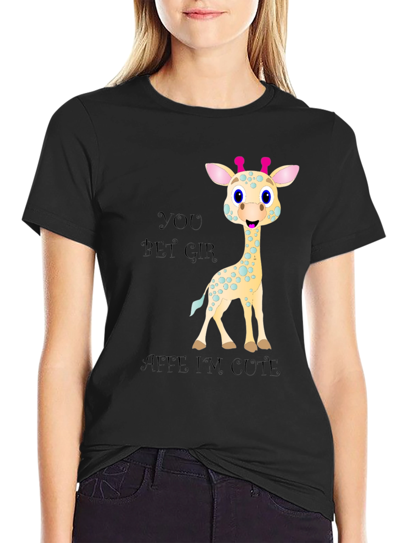 Black Cute Giraffe Cartoon Black T-Shirt view 2