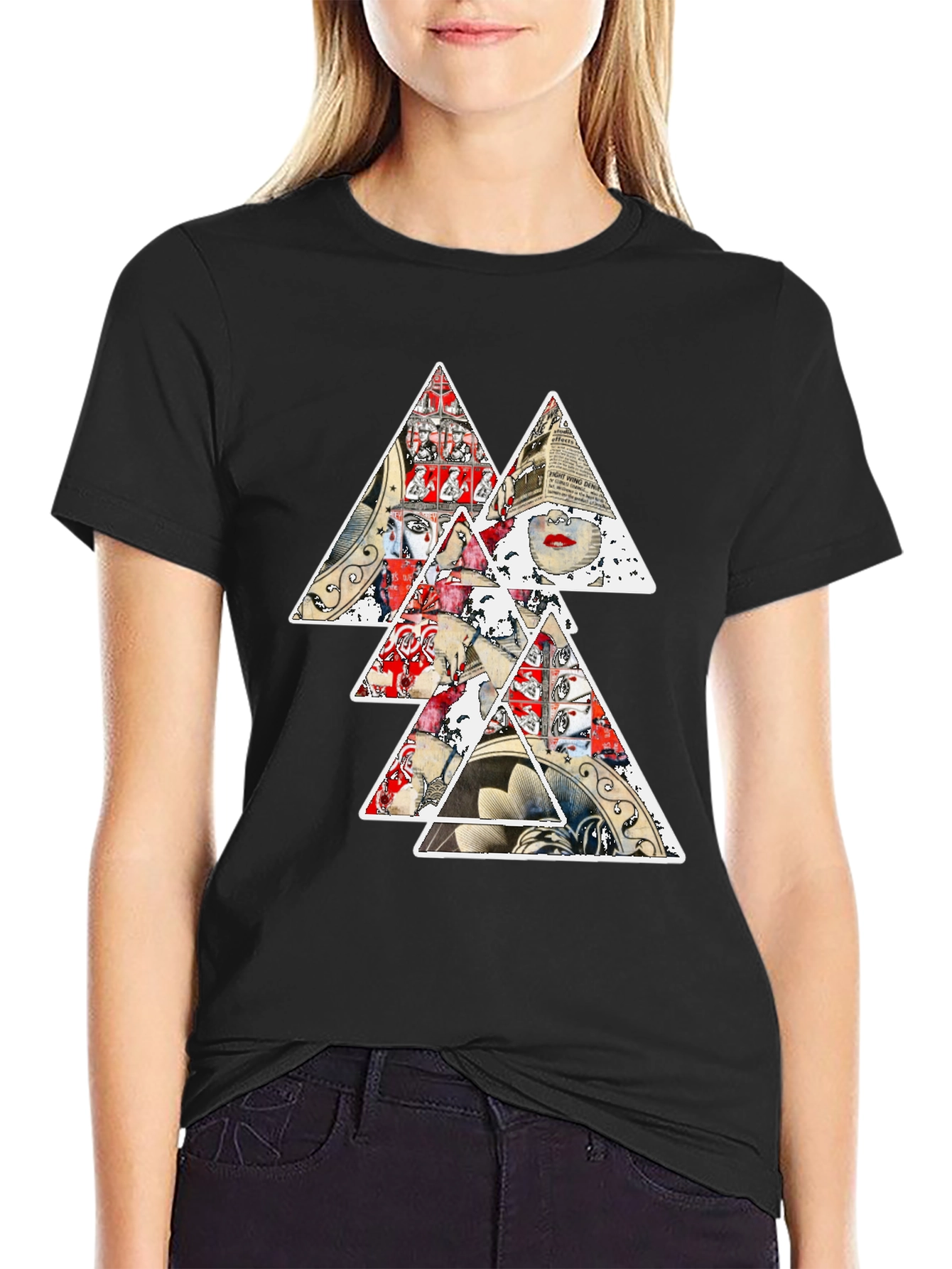 Black Abstract Triangle Graphic Print Black T-Shirt view 2