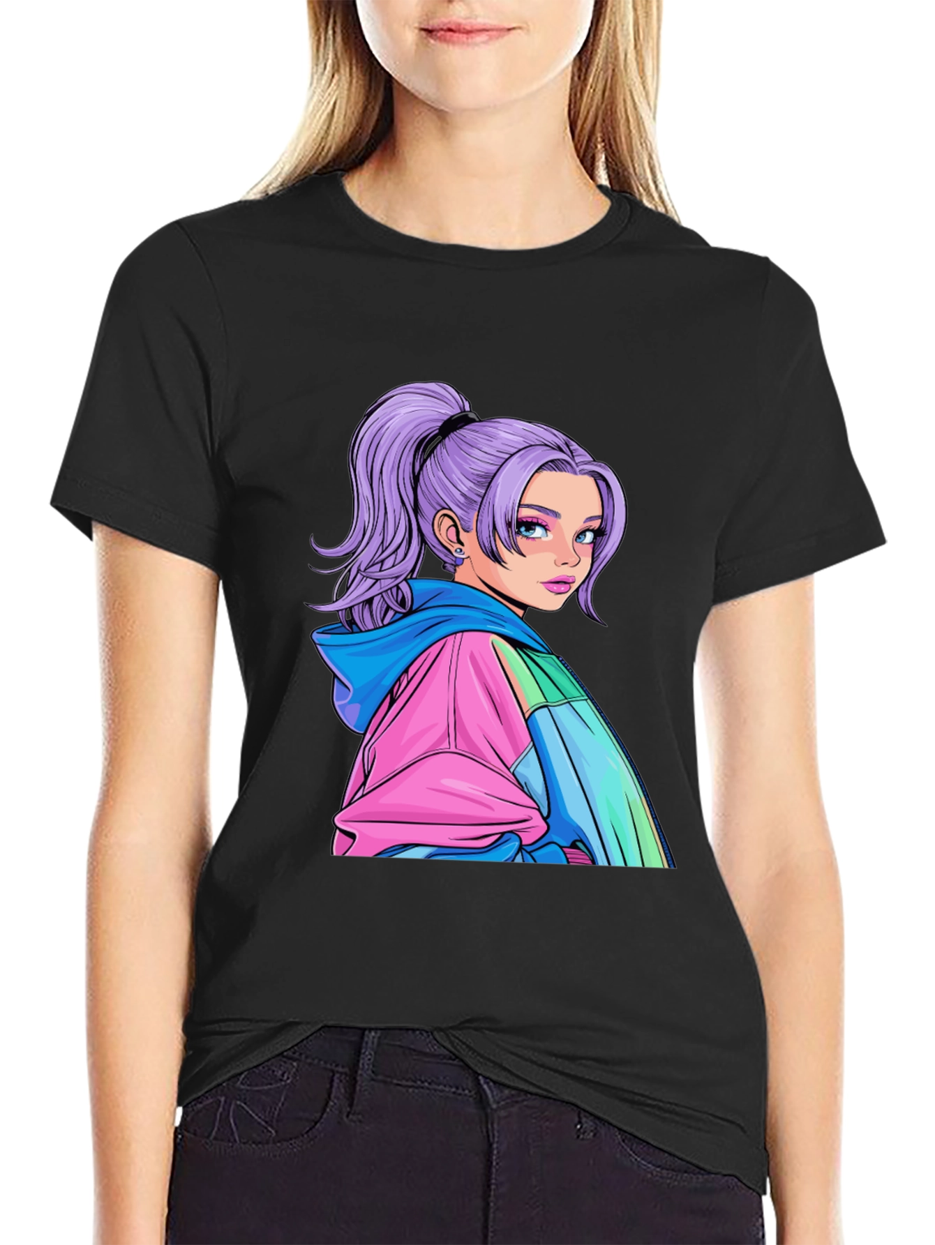 Black Anime Girl Graphic Black T-Shirt view 2