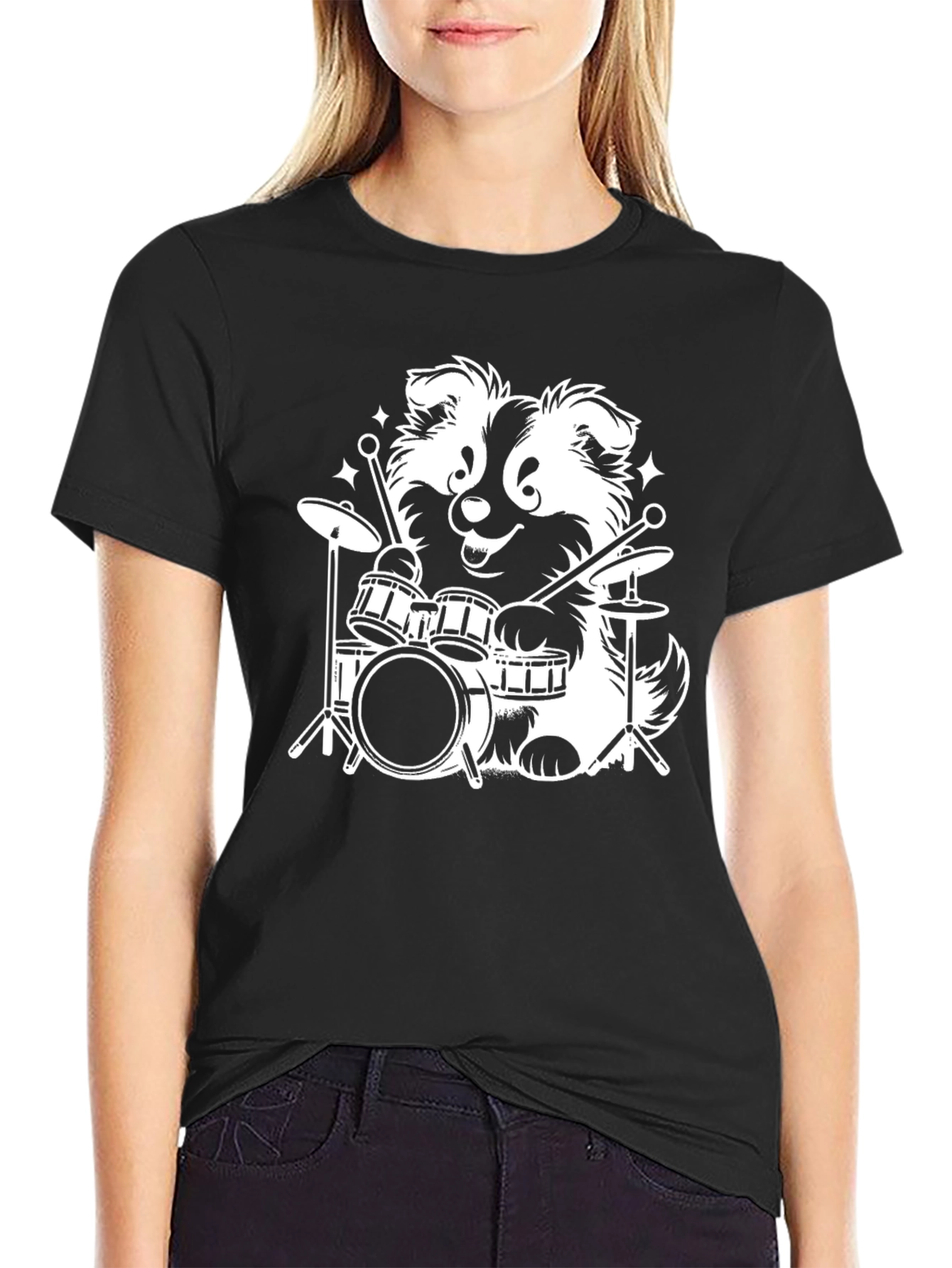Black Dog Drummer Graphic Tee - Black Cotton T-Shirt view 2
