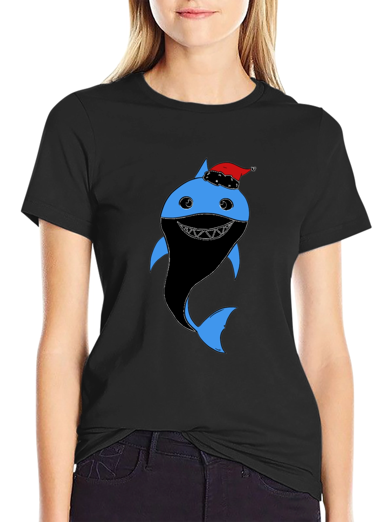 Black Festive Shark Graphic Tee - Holiday Humor view 2