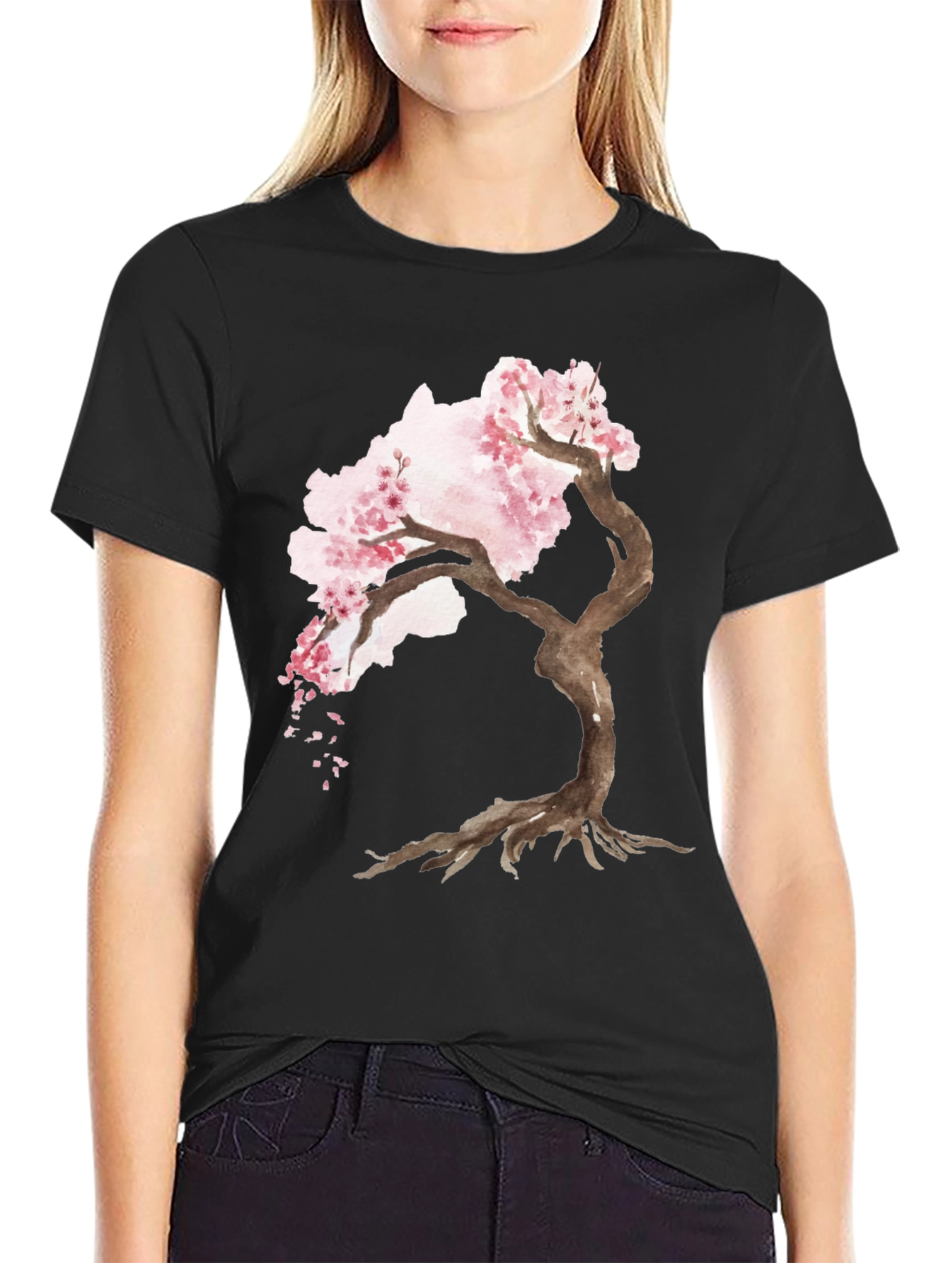 Black Cherry Blossom Tree Black T-Shirt view 2