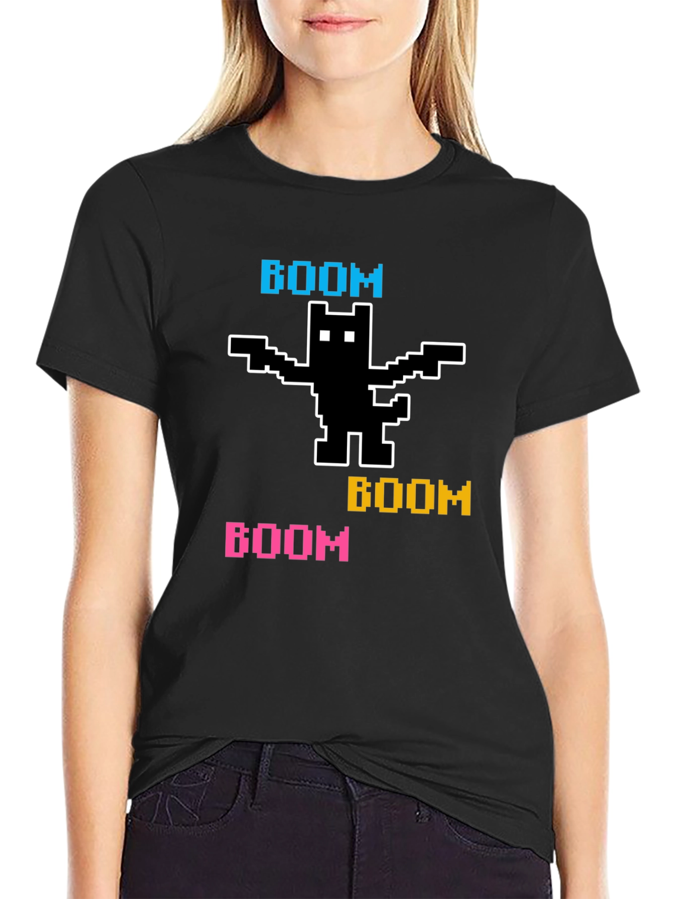 Black Pixelated BOOM Cat T-Shirt view 2