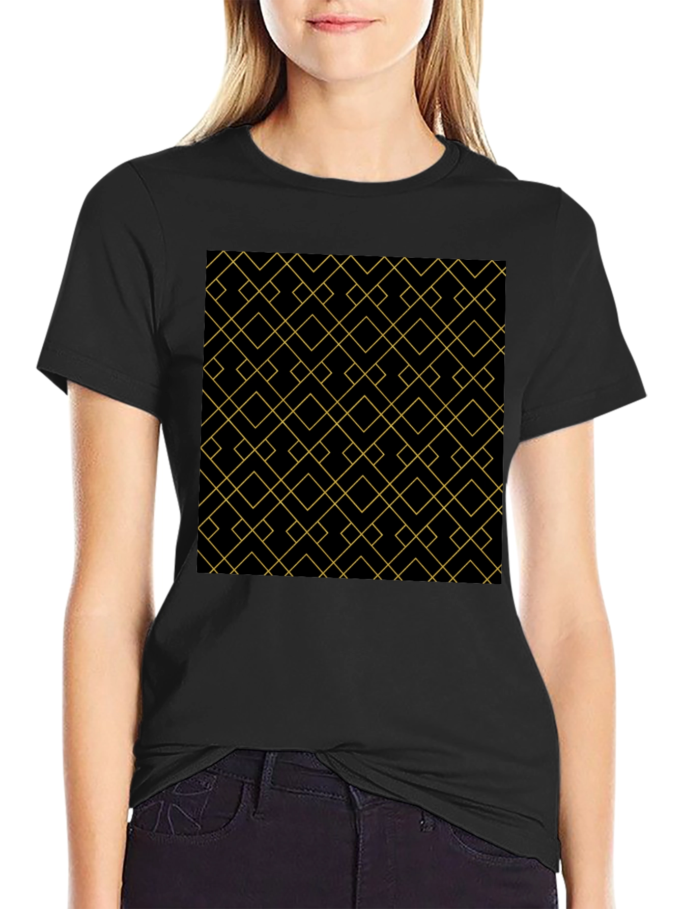Black Geometric Pattern Black T-Shirt view 2