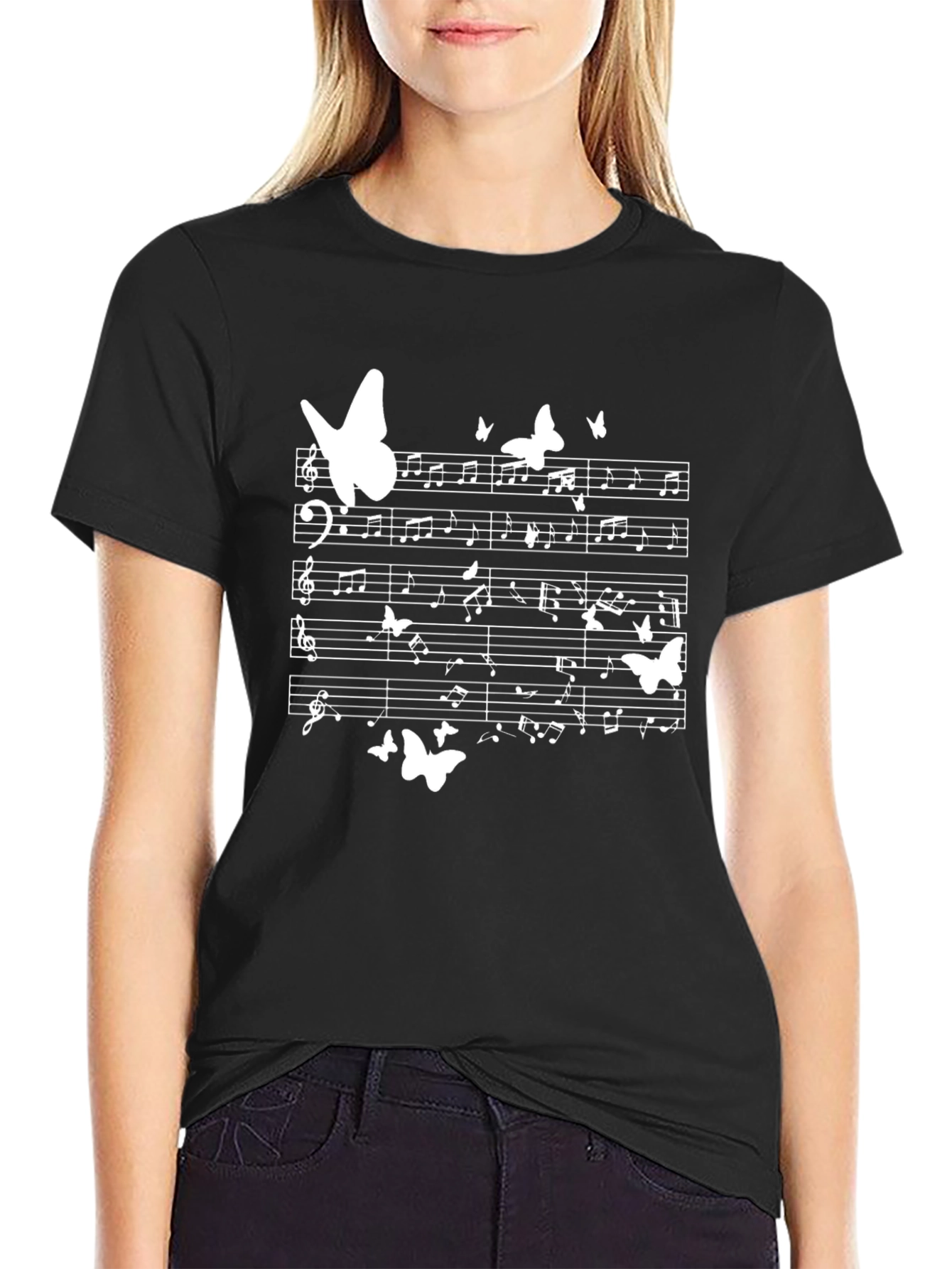 Black Butterfly Music Note T-Shirt view 2