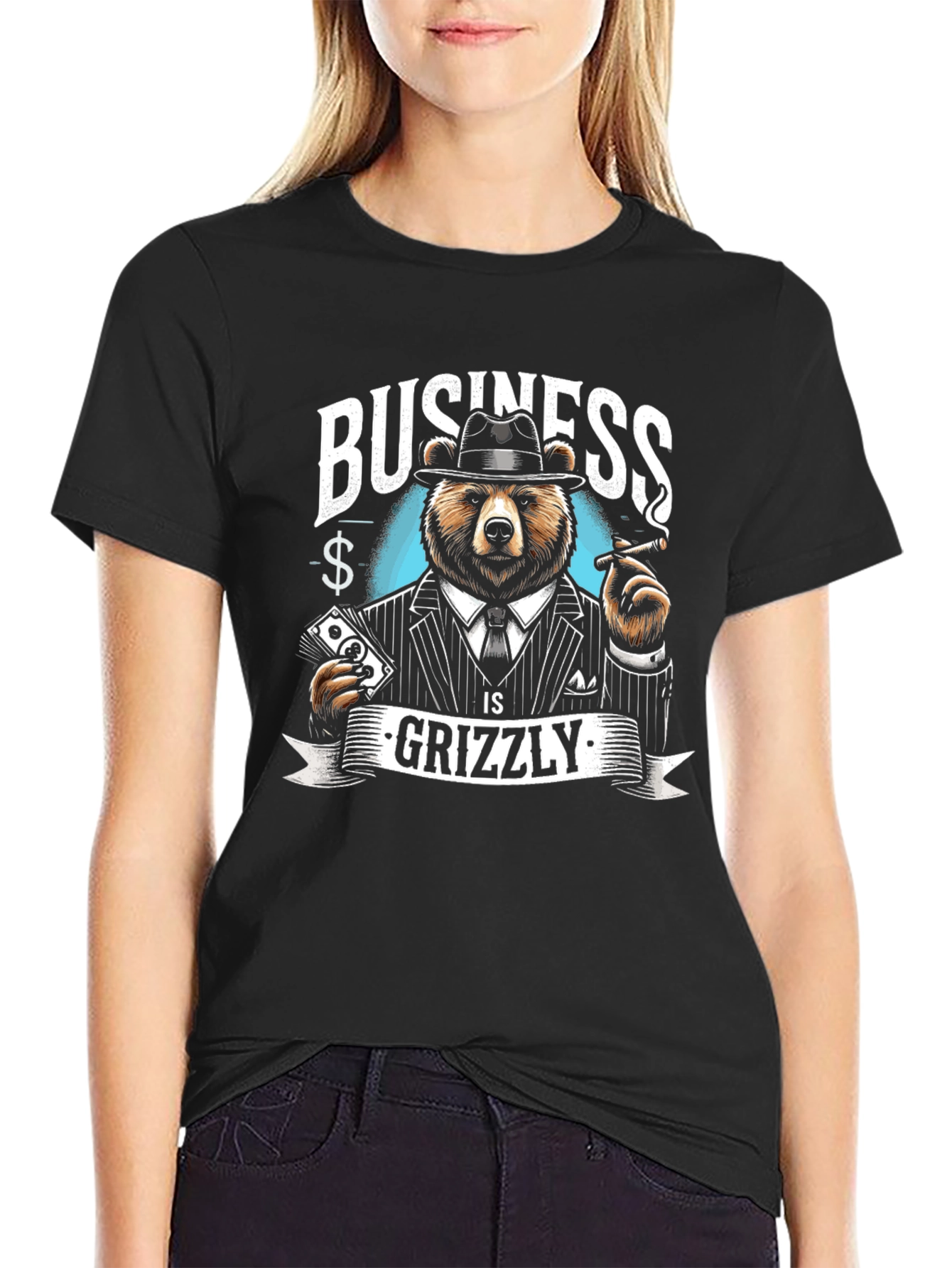 Black Business Grizzly T-Shirt - Cool Bear Design view 2
