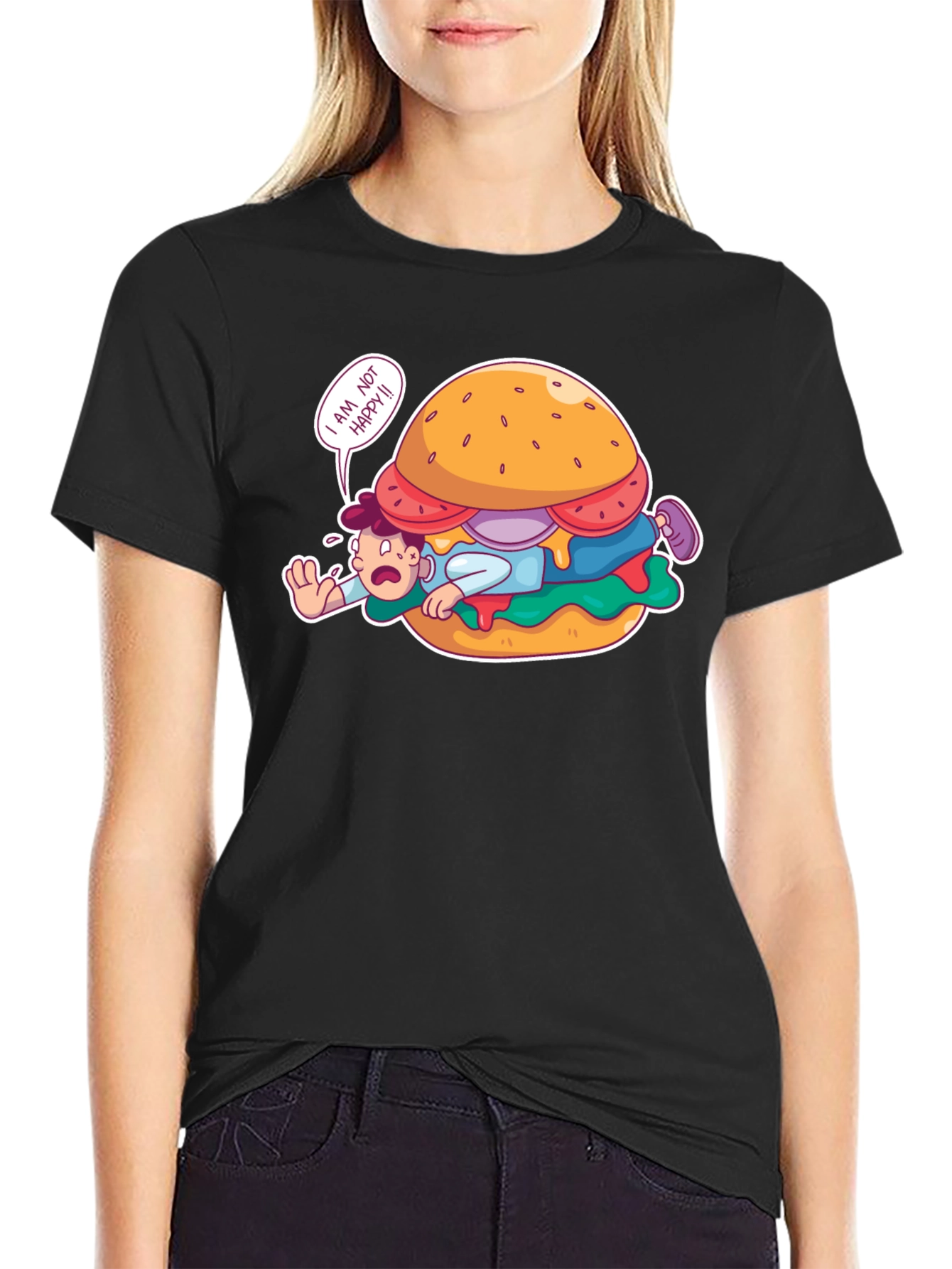 Black Funny 'I Am Not Happy' Burger Graphic T-Shirt view 2