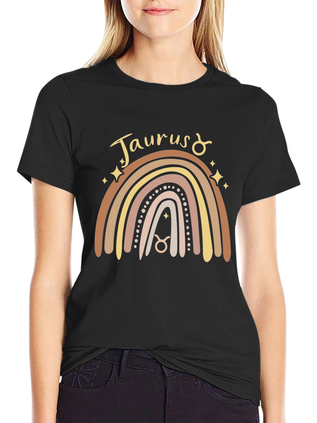 Black Taurus Zodiac Rainbow Graphic T-Shirt view 2