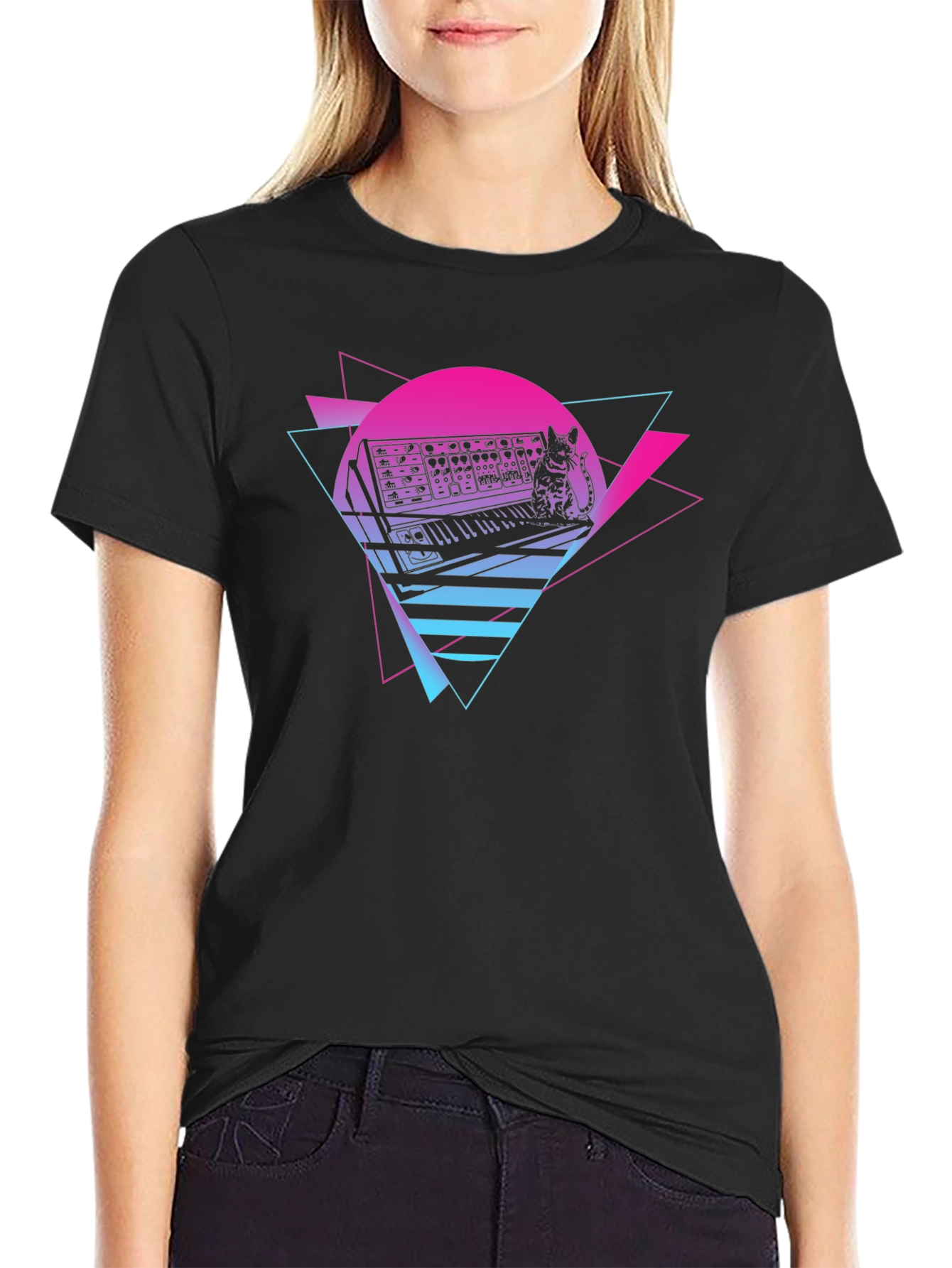 Black Synth Cat T-Shirt - Retro Wave Style view 2