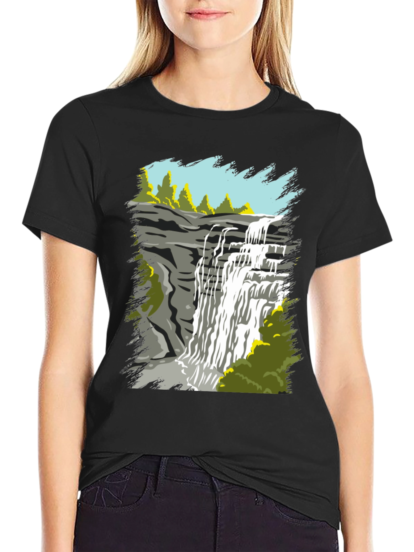Black Waterfall Graphic Tee - Nature Lover's T-Shirt view 2