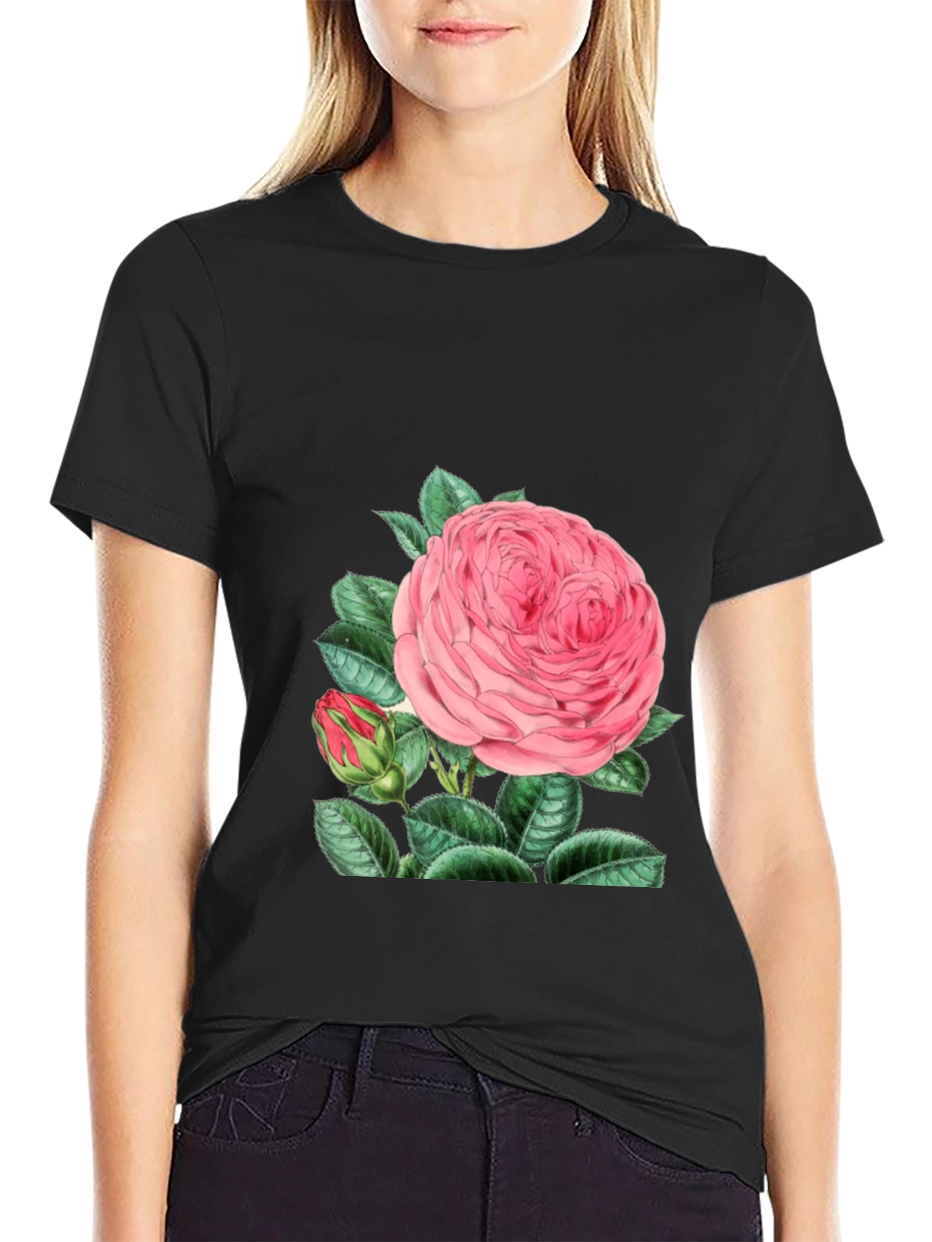 Black Black T-Shirt with Pink Rose Graphic view 2