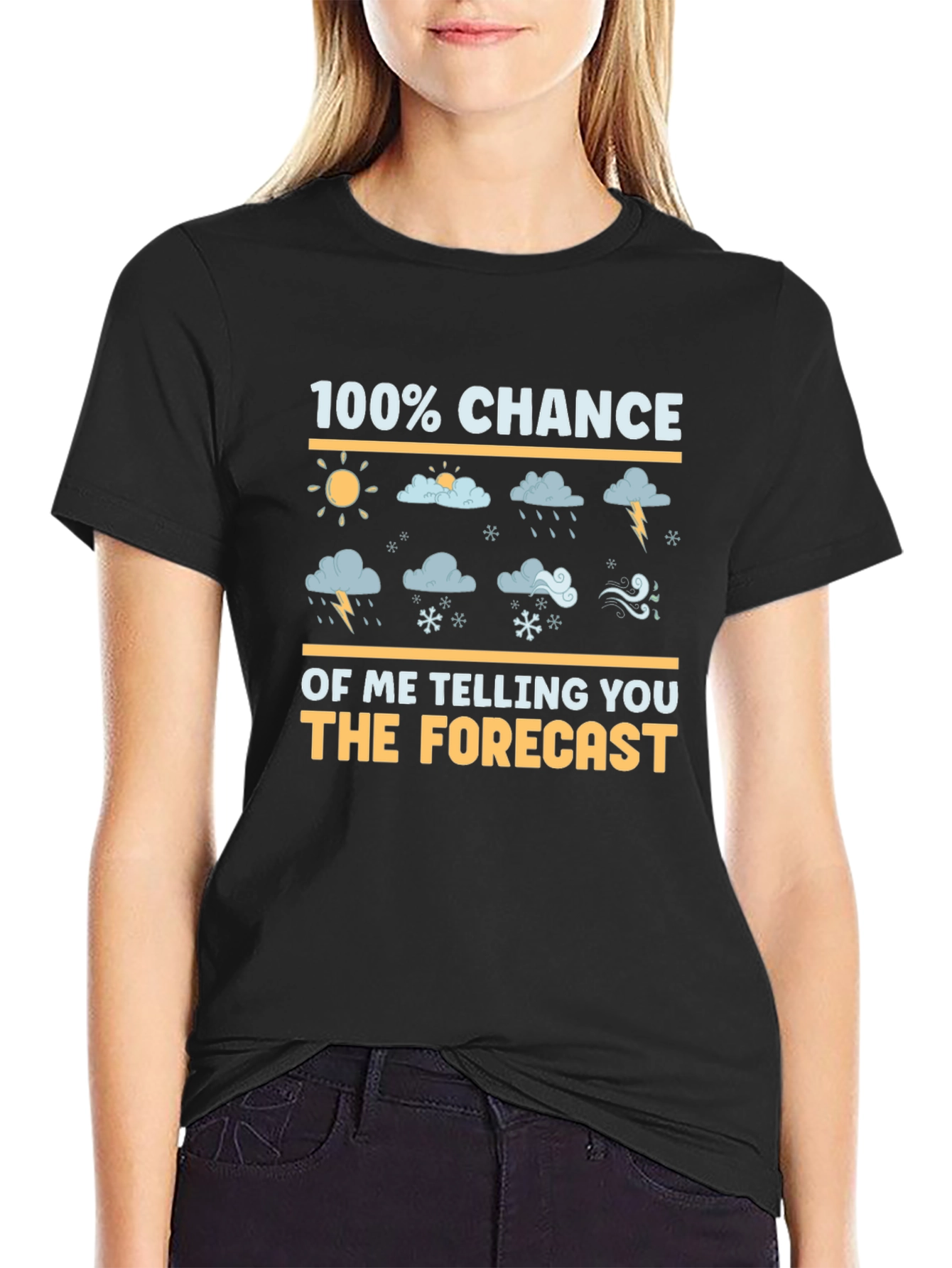 Black 100% Chance of Forecast Weather Humor T-Shirt view 2