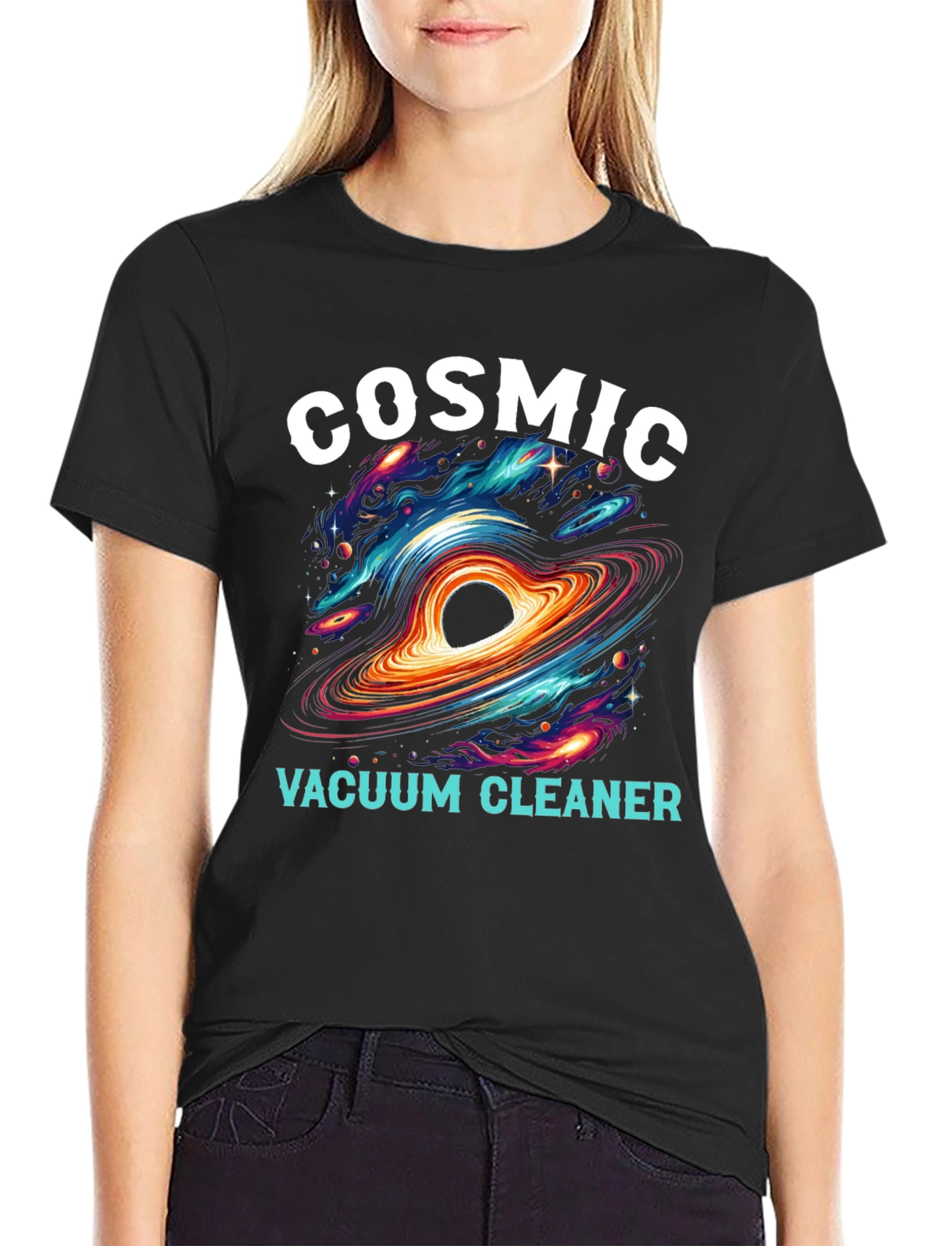 Black Cosmic Vacuum Cleaner Black T-Shirt view 2