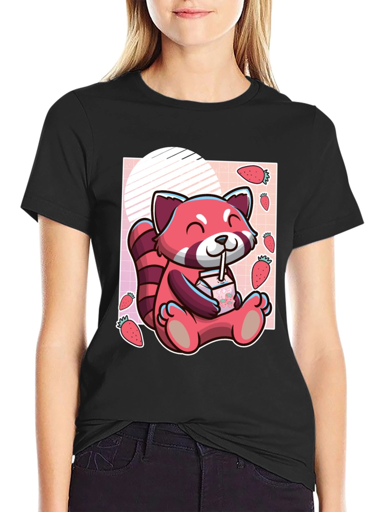 Black Red Panda Strawberry Milk T-Shirt view 2