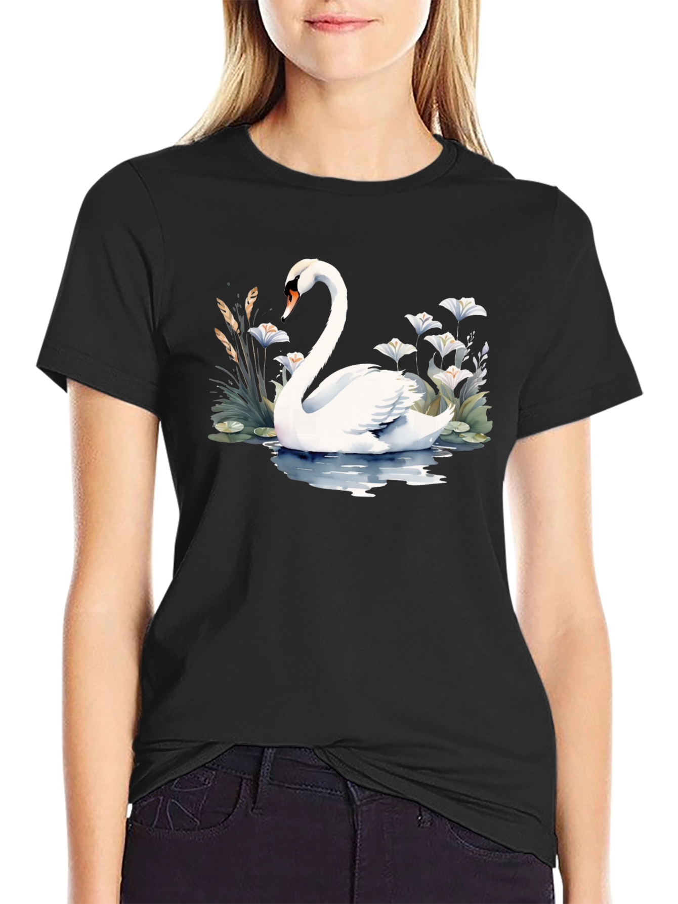 Black Elegant Swan Graphic Tee - Black view 2