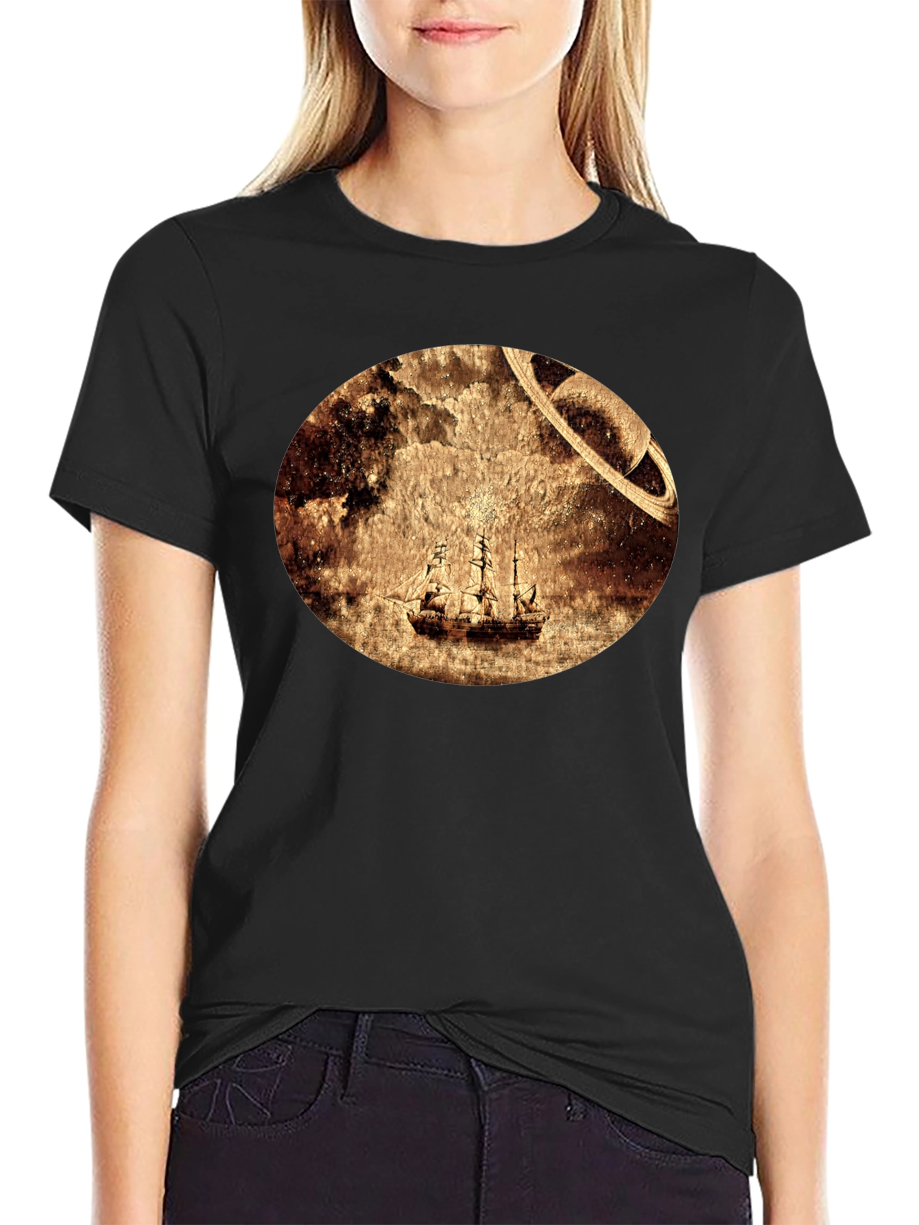 Black Vintage Space Sailboat T-Shirt - Unique Graphic Tee view 2