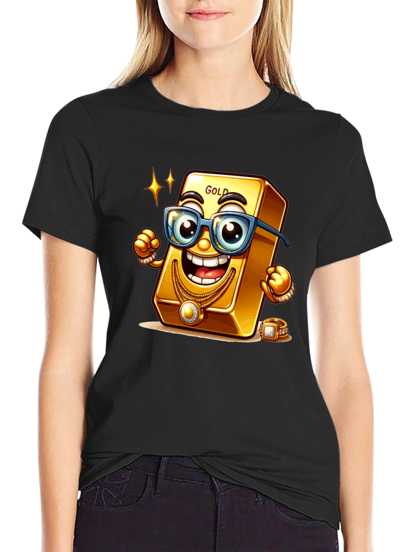 Black Funny Gold Bar Cartoon Graphic Tee view 2